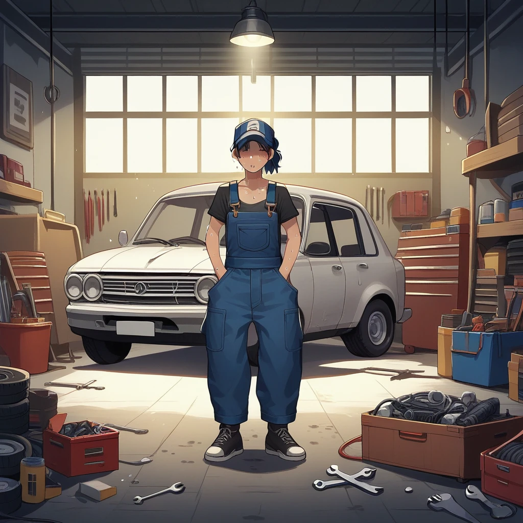 score_9, score_8_up, score_7_up, score_6_up, score_5_up, score_4_up, zPDXL2,source_anime,rating_questionable,1girl, black tanktop, sweat, overalls, indoors, <lora:Mechanics_Garage__Workshop:0.8> g4rage, indoors, wrench, motor vehicle, garage,