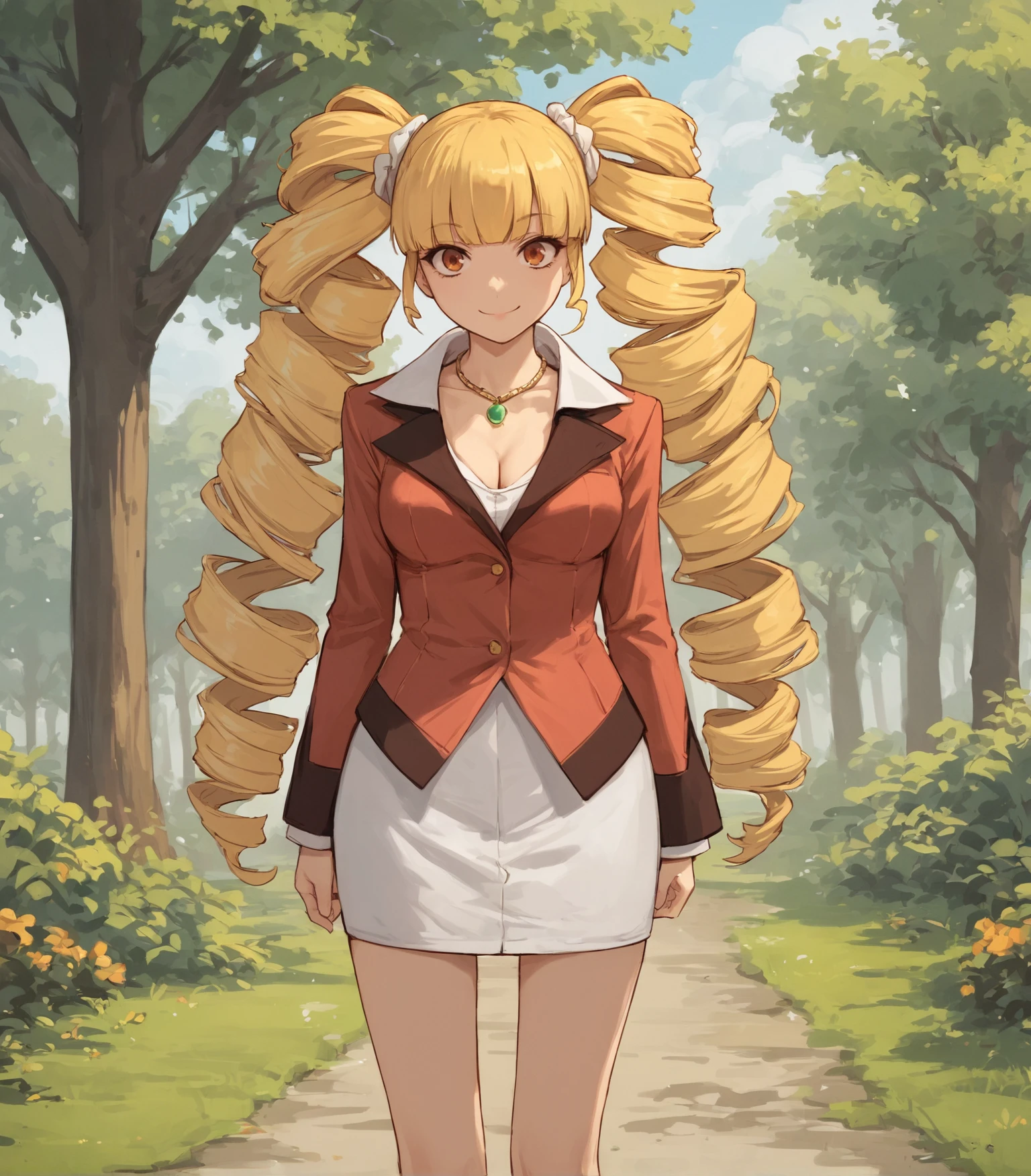 score_9, score_8_up, score_7_up, score_6_up, score_5_up, score_4_up, BREAK source_anime,
1girl, solo,  cowboy shot ,  looking at viewer, smile, outdoors, sky, trees,
 <lora:MariabellCroisCasual:0.9>, Mariabell Crois, yellow hair, drill hair, twin drills, long hair, very long hair, orange eyes, medium breasts, red jacket,  cleavage, necklace, white skirt, white high heels,