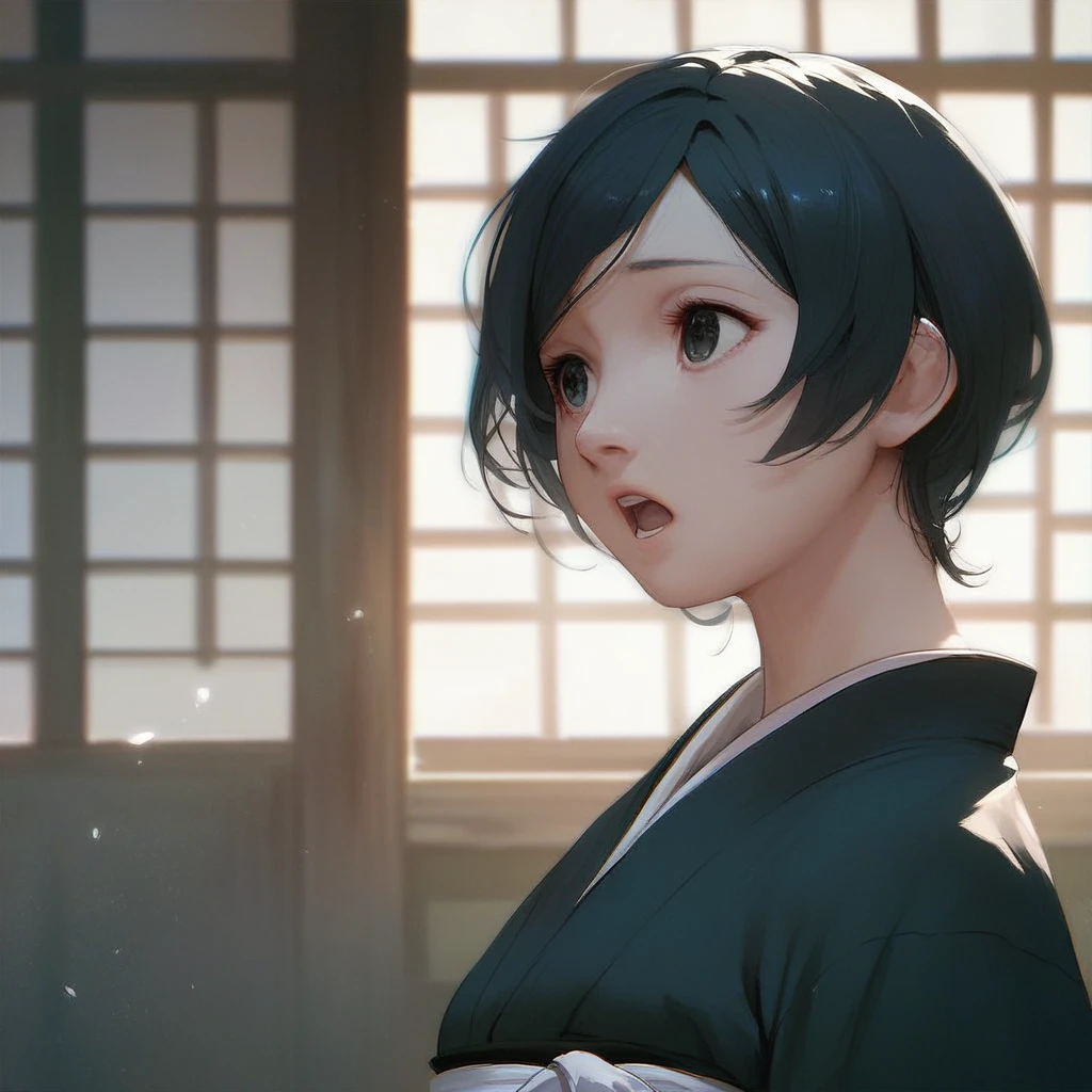 score_9, score_8_up, score_7_up, score_6_up, izana-shinatose, Shidonia-no-Kishi, 1girl, solo, open mouth, short hair, black hair, upper body, japanese clothes, indoors, kimono, sash, window, swept bangs, black kimono, sensitive