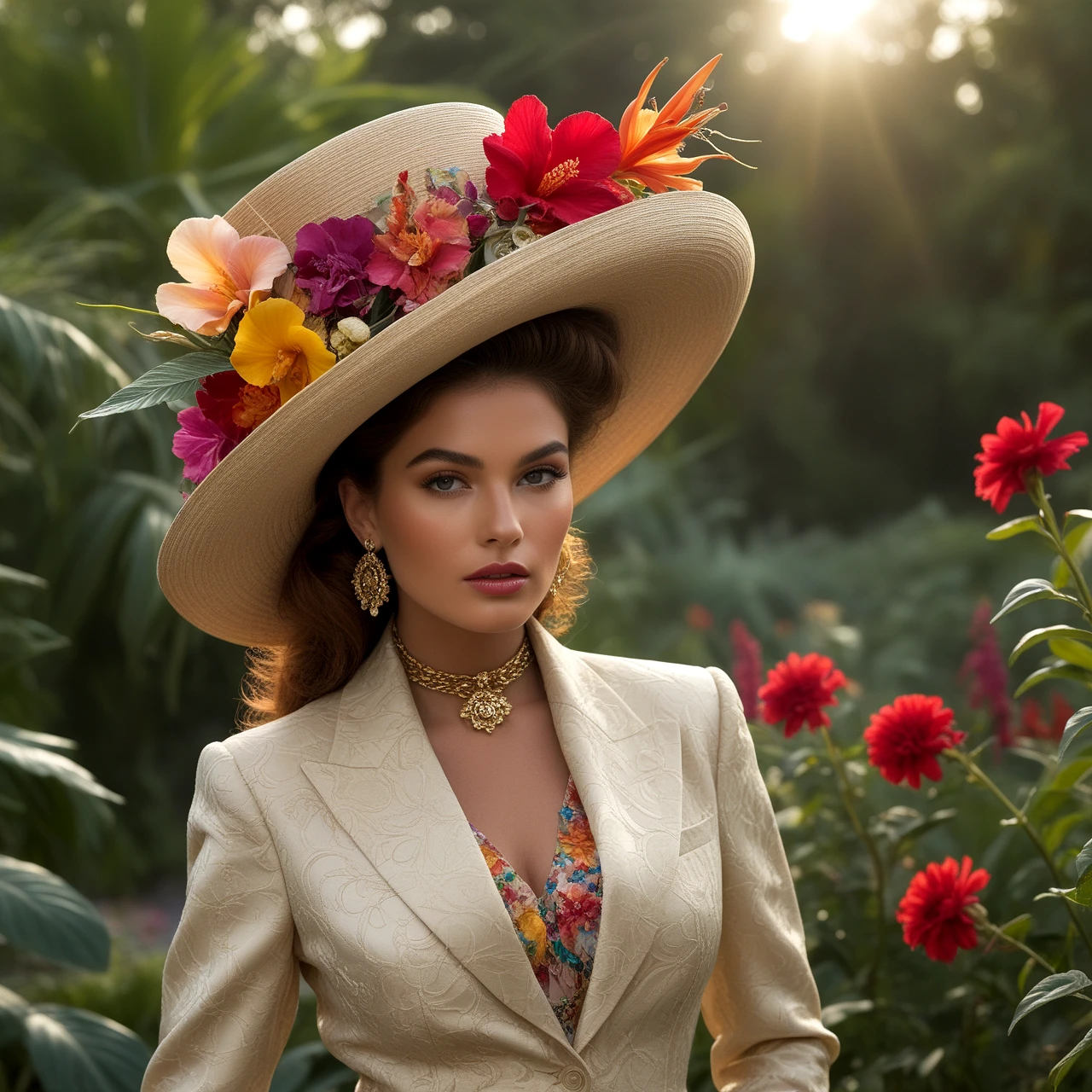 Masterpiece, raw photo, high quality, Colorful flowers attracting hummingbirds in a garden setting background, woman type of Pacific Islander facial type, Tailcoats and top hats style women with big boobs and Top Knot Utah Crimson hair, colourful Voluminous flower hat, with stunning elegance, outfit Turquoise, catching eye light, perfect Old Gold eyes, by Joyce Ballantyne Brand, David Klein, Roberto Cavalli, Saul Bass, retouched by Pratik Naik, (bright eyes:1), abstract background, detailed hat flower and ornate, eye catchlights, atmospheric lighting, is a starlet style by Eduard Veith, Milton Glaser, Esteban Cortazar, Patrick Kelly, 8k, 16k, uhd, sharp lines, (lots of details:1.2), extremely detailed, absurdres, intricate detailed, cinematic scene, best quality, high detailed, ultra sharp, photorealistic, award winning,