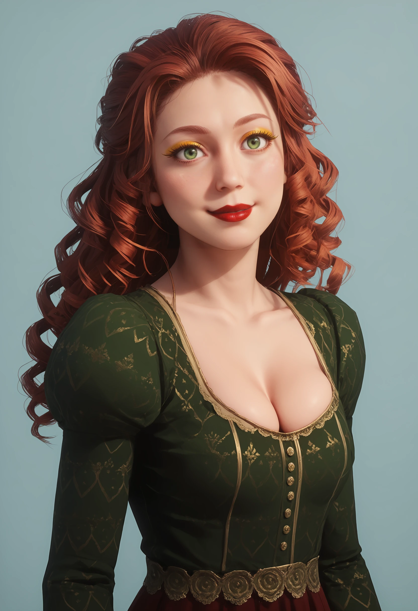 score_9, score_8_up, score_7_up, score_6_up, score_5_up, score_4_up, 1girl, <lora:MollyOShea:0.8> solo, skinny, red hair, long hair, curly hair, green eyes, medium breasts, cleavage lips, upper body, blush, standing, dress, smile, long eyelashes, red lipstick, yellow eyeshadow,
light blue background, simple background,