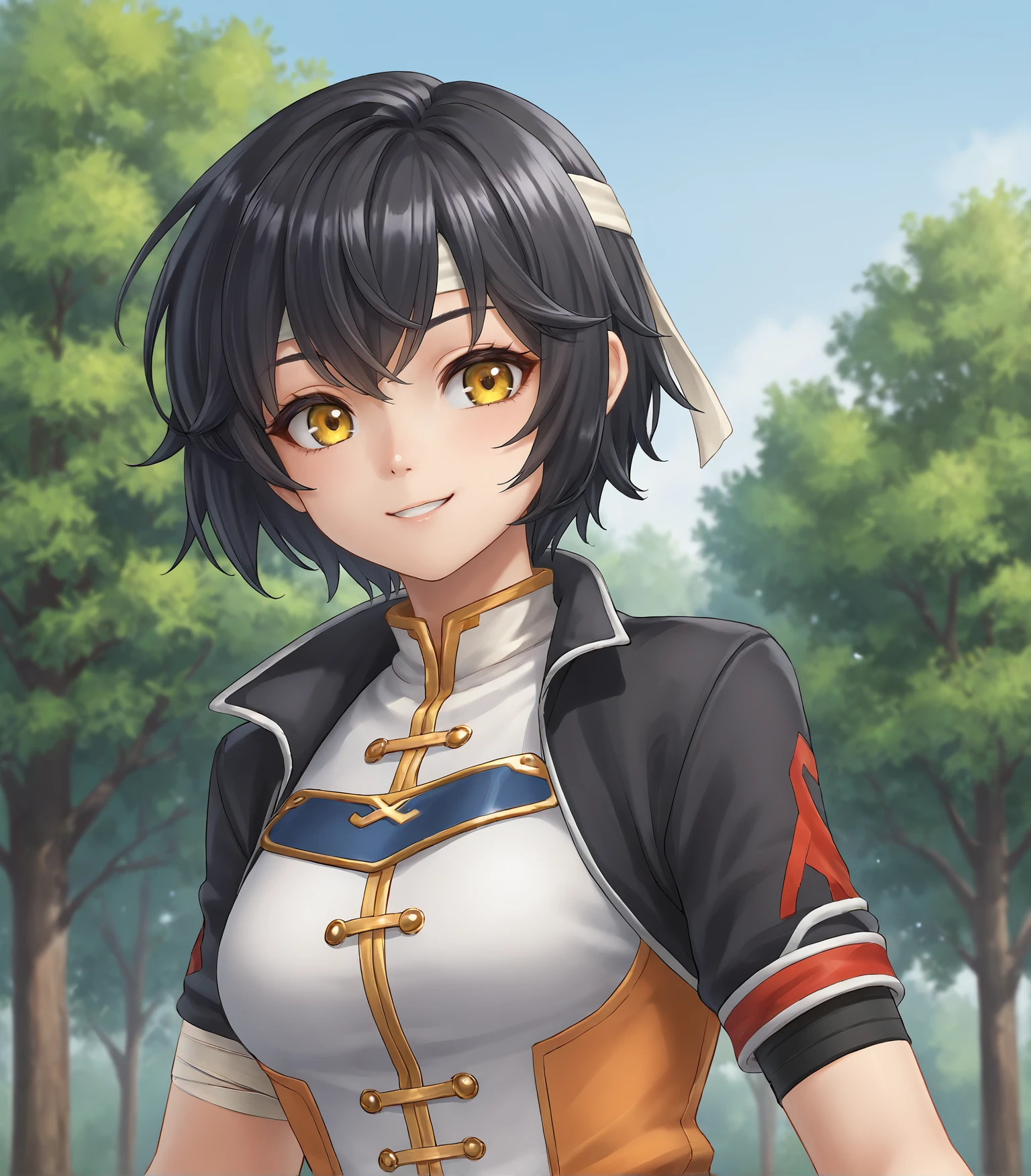 score_9, score_8_up, score_7_up, score_6_up, score_5_up, score_4_up, BREAK source_anime,
1girl, solo,  upper body, portrait ,  looking at viewer, smile, outdoors, sky, trees,
<lora:Racoonkun_Artist_Style:0.6>, racoonsan 
 <lora:Lynn:0.9>, Lynn, black hair, short hair, yellow eyes, medium breasts,white headband, jacket, orange shorts, black sleeves, short sleeves, black socks, sneakers, gloves, arm bandages,