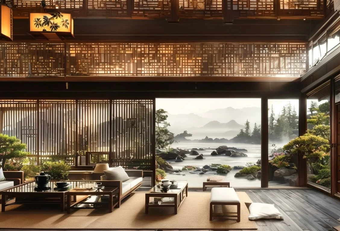 scenery, no humans, modern interior design, big glass window,can see outside mountains, waterfall outside, fog, river outside, slide door, tree, cushions, leather couch around table, food and teapot on the stone table, wooden floor, rug, reflection, indoors, east asia architecture, potted plant, night,lamp,lantern, <lora:Chinese Home Interior V3:1>,masterpiece, modern,LAOWANG