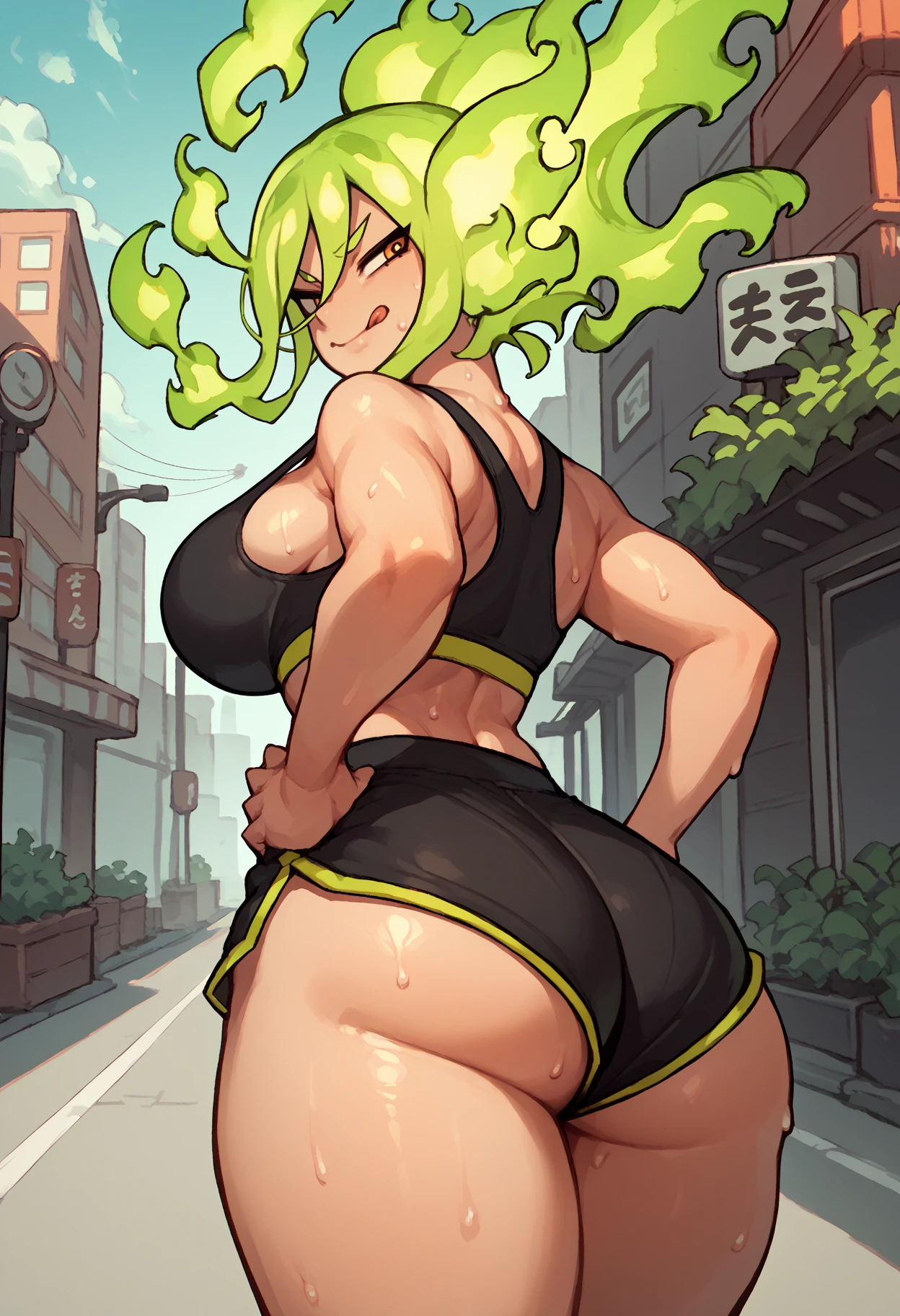 score_9, score_8_up, score_7_up, from behind, solo, 1girl, kamiji moe, sweat, smirk, tongue out, looking back, hands on own hips, green hair, fiery hair, black sports bra, black shorts, short shorts, large breasts, ass, outdoors, city street <segment:yolo-face_yolov8m.pt,0.4,0.5>