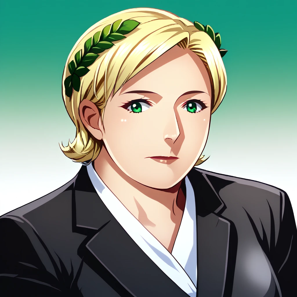 score_9_up, BREAK, 1girl, solo, MarineLepen, blonde hair, short hair, green eyes, simple background, gradient background, <lora:MarineLepen_DJ_PXL_Leaf1:1>, mature female, formal, black suit, upper body, laurel crown,  <lora:LaurelCrown_PXL_Leaf:1>