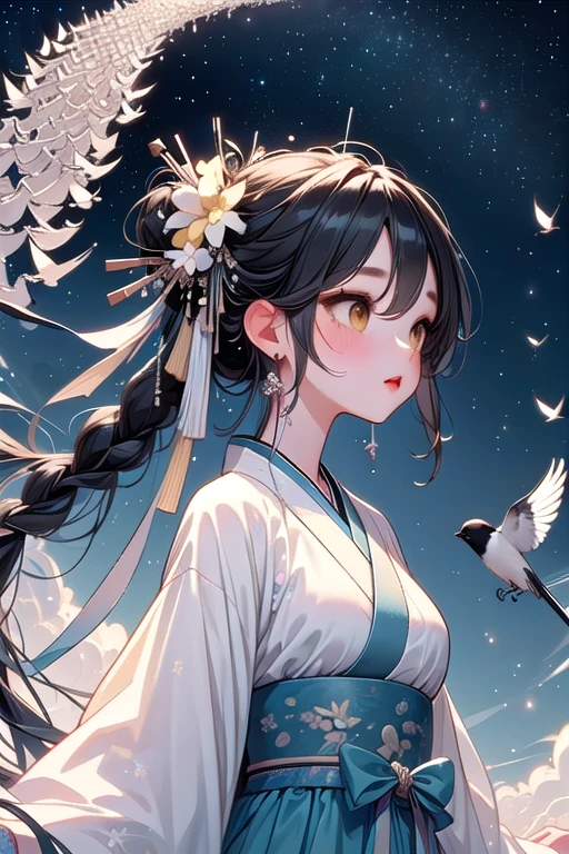 ((magpie bridge)), ((birds flock)), ((tanabata)), ((yellow hanfu)), weaver girl, big breasts, flying, long hair, braids, hair flower, hair ornament, necklace, earrings, floating hair, fog, wind, cloud, high sky, starry sky, colorful sky, from below, upper body, close-up, <lora:girllikemagpiebridge:0.9>