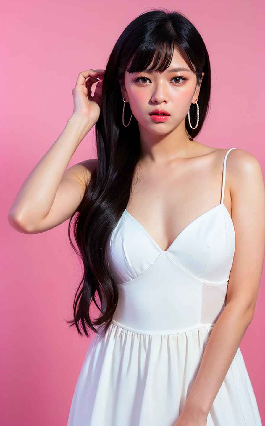 <lora:Jeongyeon_V1:1> Je0ng,, , (realistic), (hyperrealism), (photorealistic:1.4), 1girl, black hair, dress, hair ornament, lips, looking at viewer, makeup, pink background, realistic, ribbon, sleeveless, solo, standing, white dress