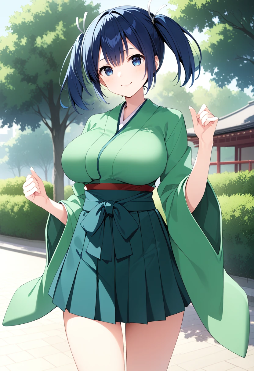 standing, solo, 1girl, park, cowboy shot, large breasts, <lora:KC_04AC_souryuu_pony:1> souryuukc, blue hair, short twintails, blue eyes, hair ribbon, white ribbon, souryuudefkc, kimono_wide_sleeves, japanese clothes, green kimono, miniskirt, hakama short skirt, thighs,, score_9,score_8_up, score_7_up, source_anime, masterpiece, best quality,  official art, official style, game cg, megami magazine, rating_safe, rating_questionable, <lora:Fixhands_anime_bdsqlsz_V1:0.75>, NEGATIVE_HANDS