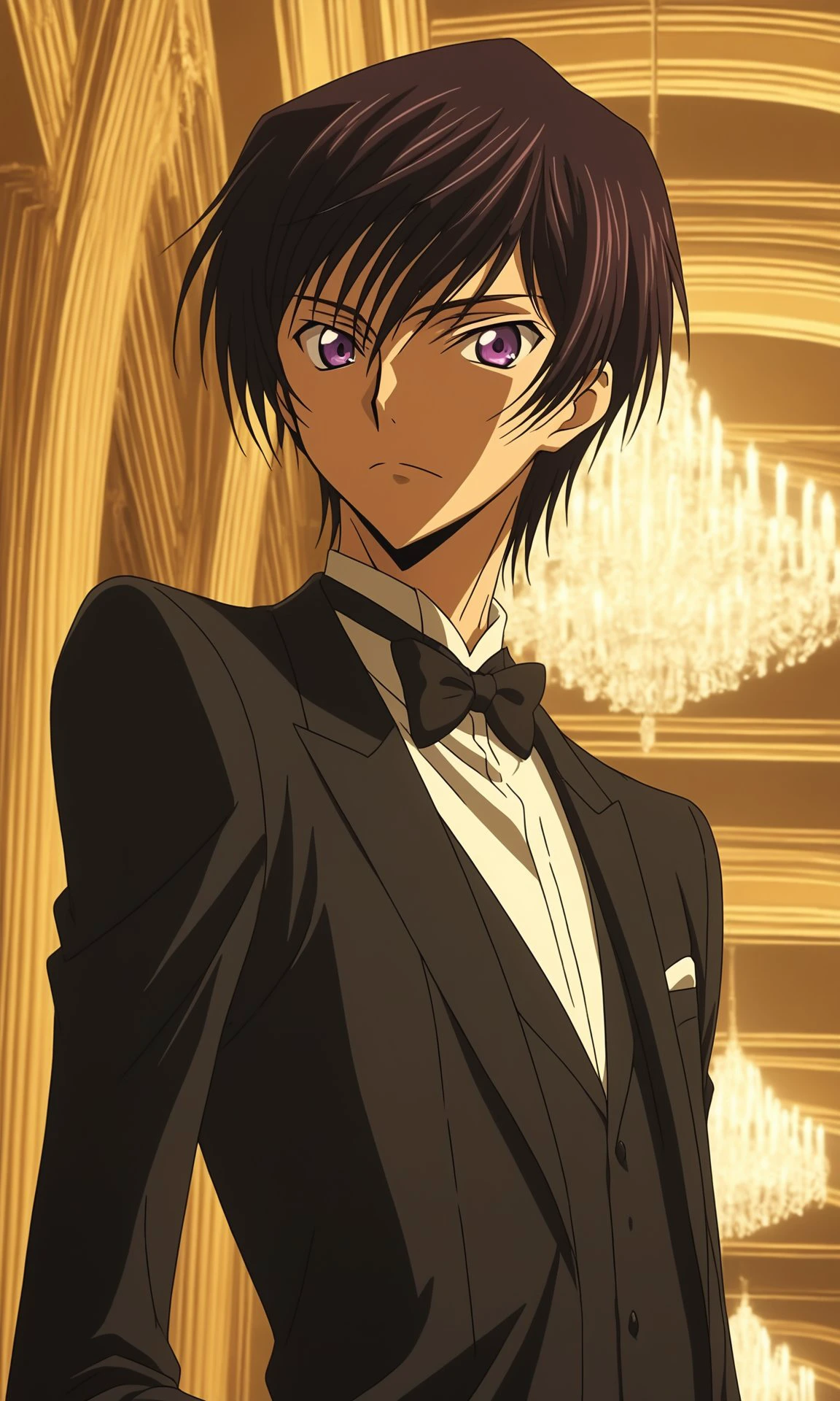 1boy, Lelouch Lamperouge from Code Geass, BREAK source_anime , best quality,   wearing a black tuxedo with a bow tie, formal setting,  elegant lighting, evening atmosphere, detailed background  ,  <lora:tuxedo:0.6>