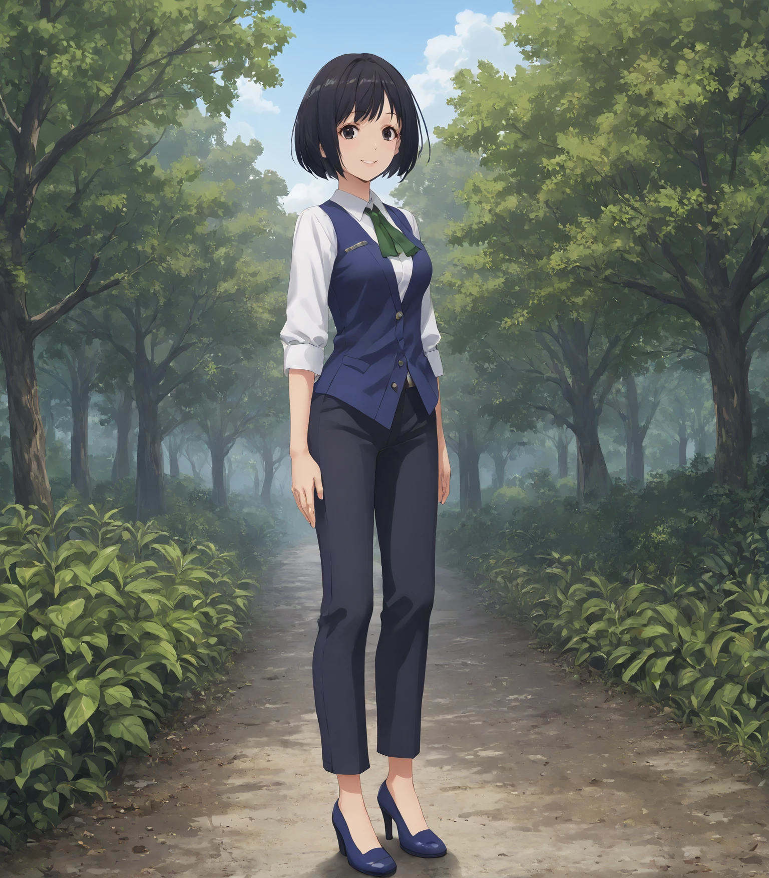 score_9, score_8_up, score_7_up, score_6_up, score_5_up, score_4_up, BREAK source_anime,
1girl, solo, cowboy shot , looking at viewer, smile, outdoors, sky, trees,
<lora:pottsness_style_xl:0.7>, <lora:rhasta:0.6>, <lora:piromizu_2:0.6>, <lora:MeMaXL_V3:0.6>,
<lora:Shino:0.9>, Shino, short hair, black hair, bob cut, black eyes, medium breasts, white shirt, blue vest, green neckwear, black pants, blue shoes, high heels