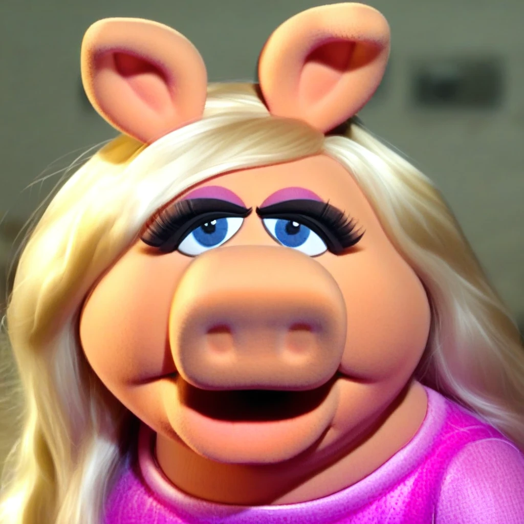 Miss piggy with black jacket and piercing un the nose 