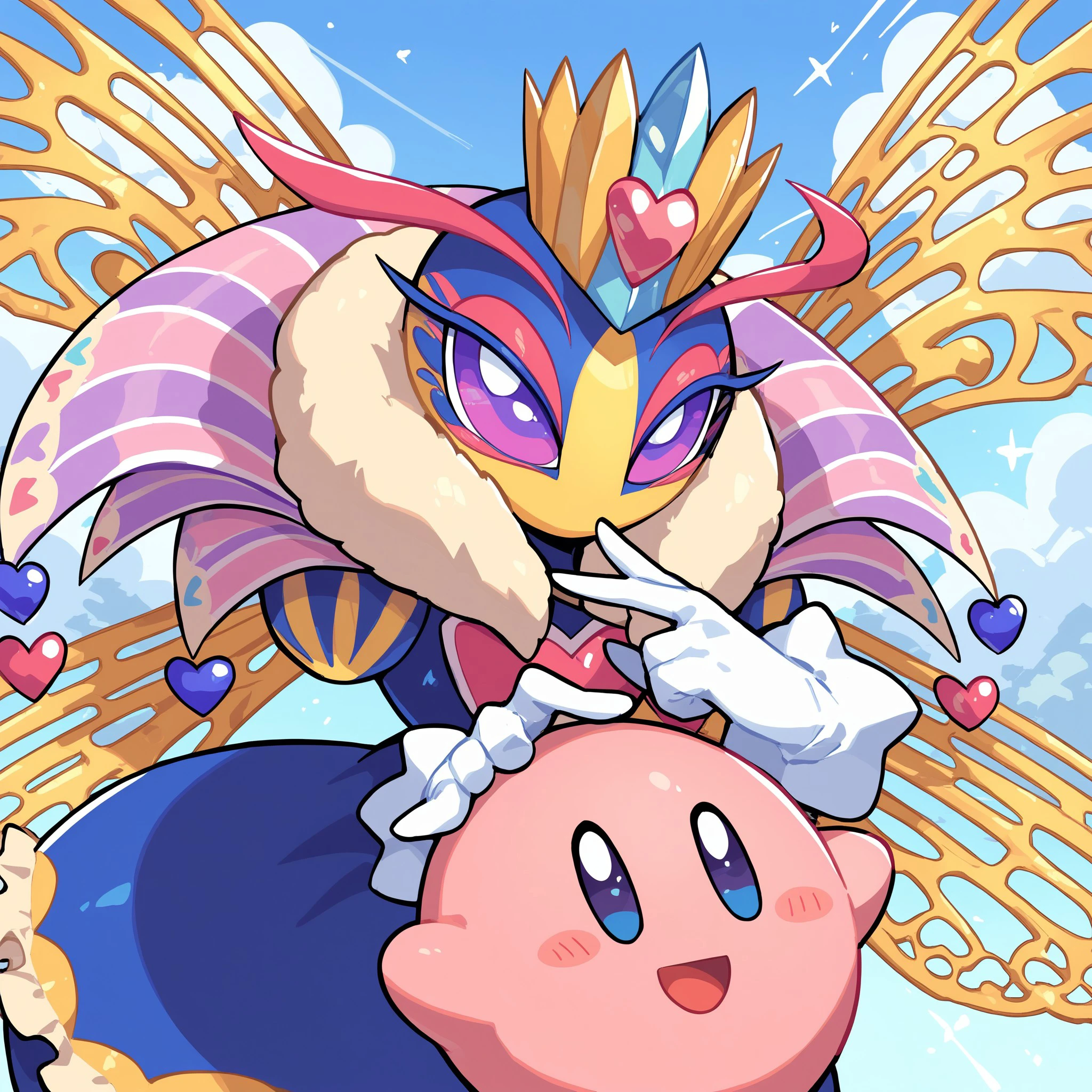 score_9, score_8_up, score_7_up, Queen Sectonia, (duo),  floating hands, gloves, multicolored skin, insect, arthropod, insect wings, fur collar, smile, meadow, holding kirby, eye contact,
BREAK
kirby, smile, , <lora:cefaa866-a58e-40ba-a219-79ab392f7d60:0.9>, <lora:548a342b-2dc6-440b-abe1-a6ce75213d61:0.8>, <lora:128fb081-d250-4619-8bc7-e74d0a4e4d2b:0.4>