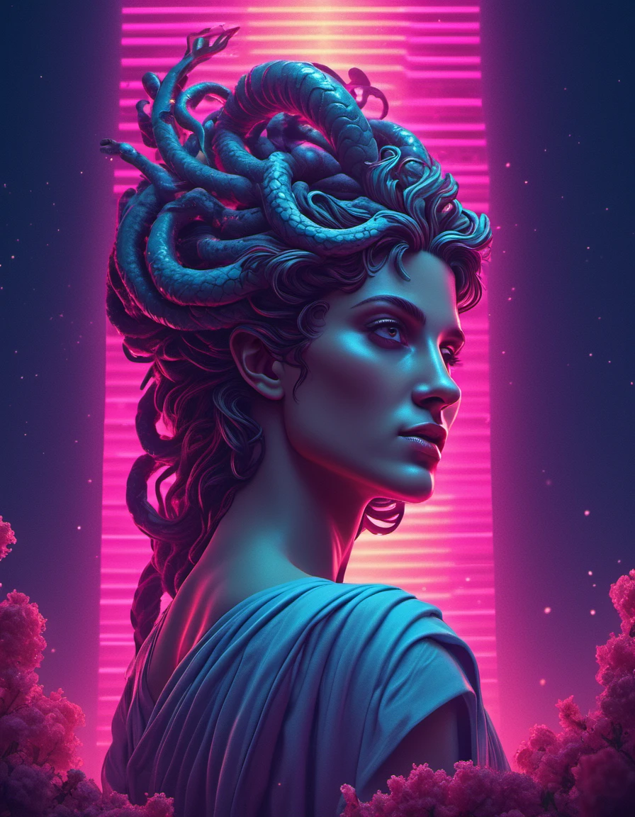 synthwave-galaxy,masterpiece, professional artwork, famous artwork, cinematic lighting, cinematic bloom, breathtaking scenery, upper body portrait of a Gorgon (Greek mythology),<lora:Synthwave_Galaxy:.8>