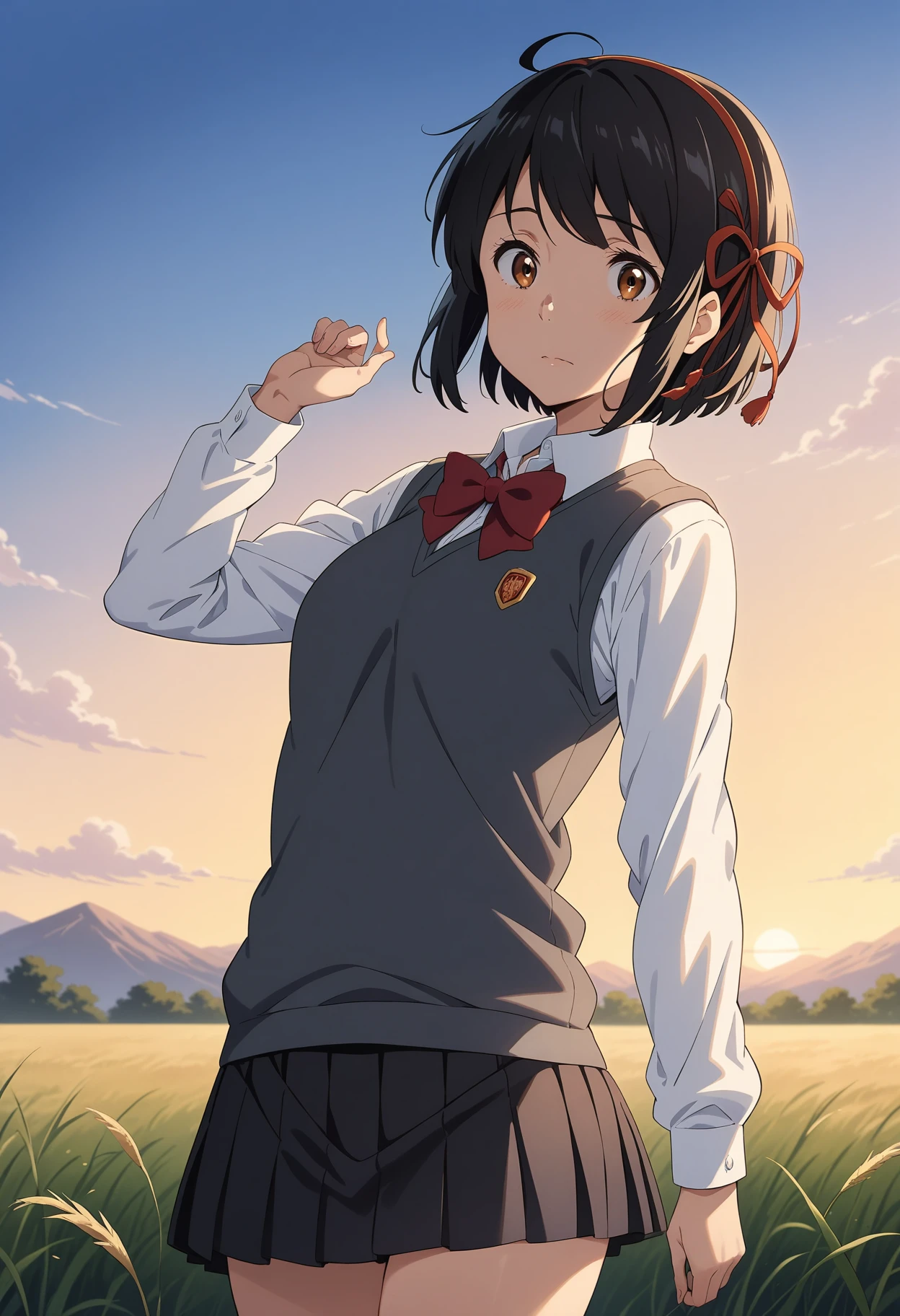 (masterpiece, best quality, very aesthetic, ultra detailed), intricate details, 4k, bbmitsuha, short hair, black hair, red hairband, hair ribbon, brown eyes, school uniform, red bowtie, collared shirt, white shirt, sweater vest, long sleeves, pleated skirt, black skirt, <lora:miyamizu_mitsuha_animagine_v1:0.9>, standing, cowboy shot, sunet, field,