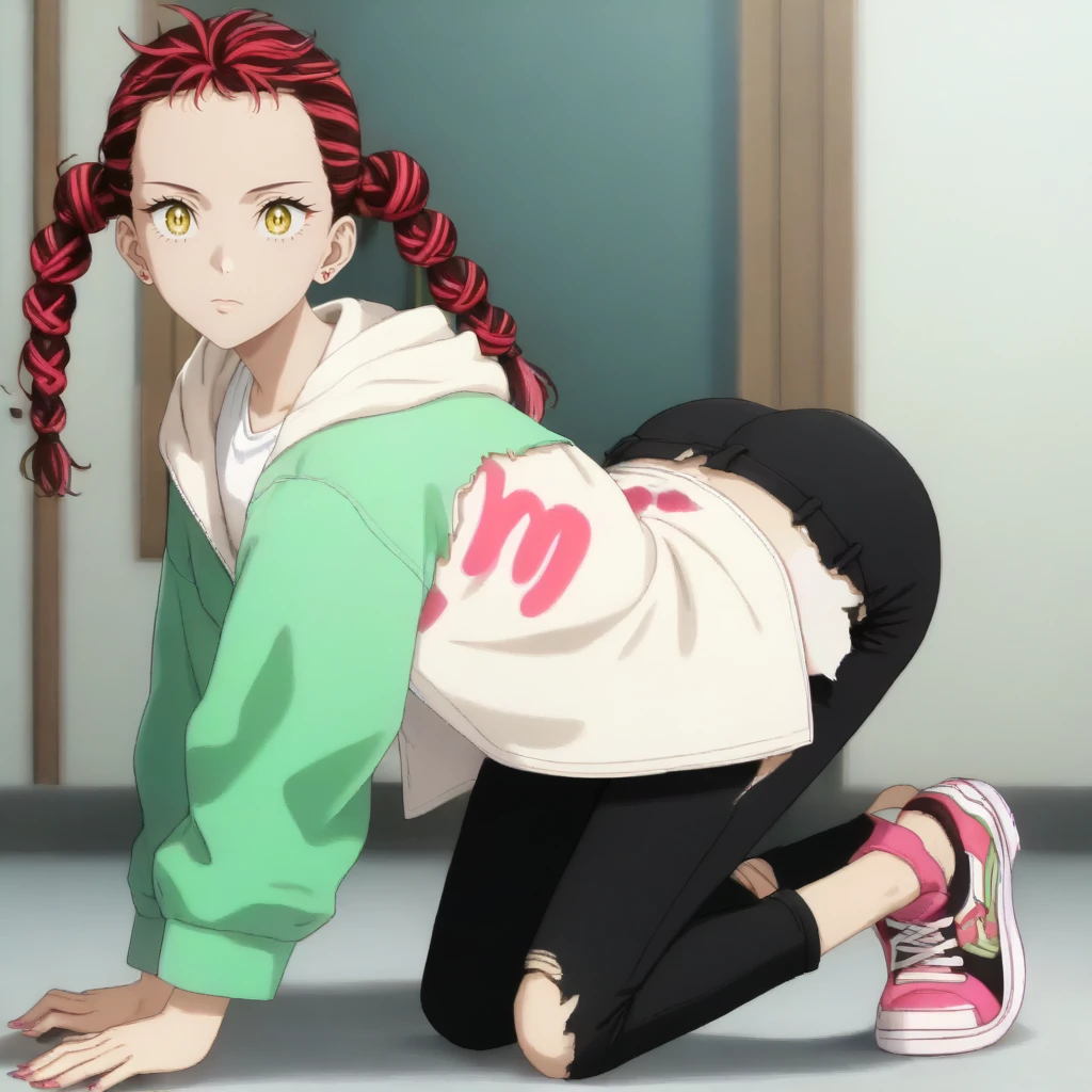 1girl, solo, on all fours <lora:azukiXLpony:1> haru, yellow eyes, red hair, multicolored hair, twin braids, earrings, pink nails, white shirt, green jacket, hood, black pants, torn pants, sneakers,