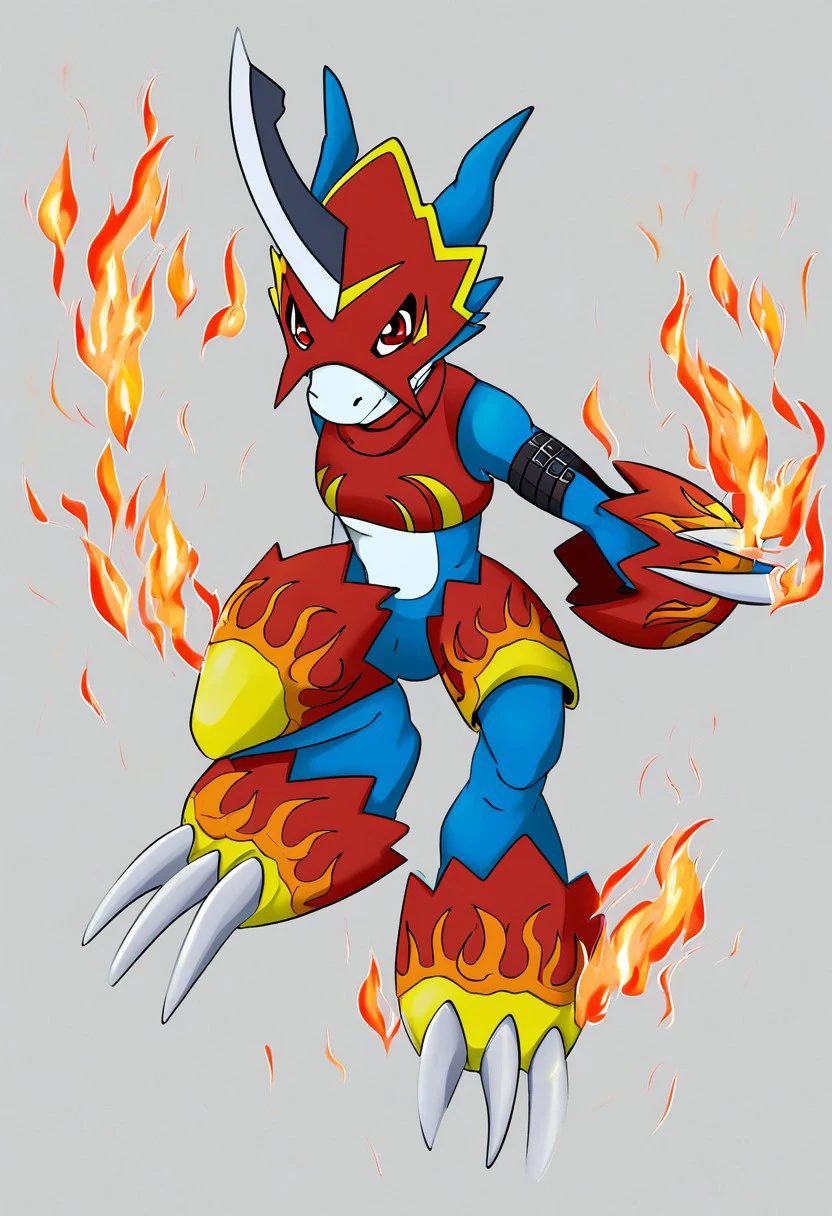 flamedramon(character), blue body, anthro, armor, belt, claws, clothing, crop top, headgear, helmet, male, shirt, topwear, red eyes, horn, digimon (creature), solo, no humans, claws, fire, white background, simple background, full body, horns, arm belt