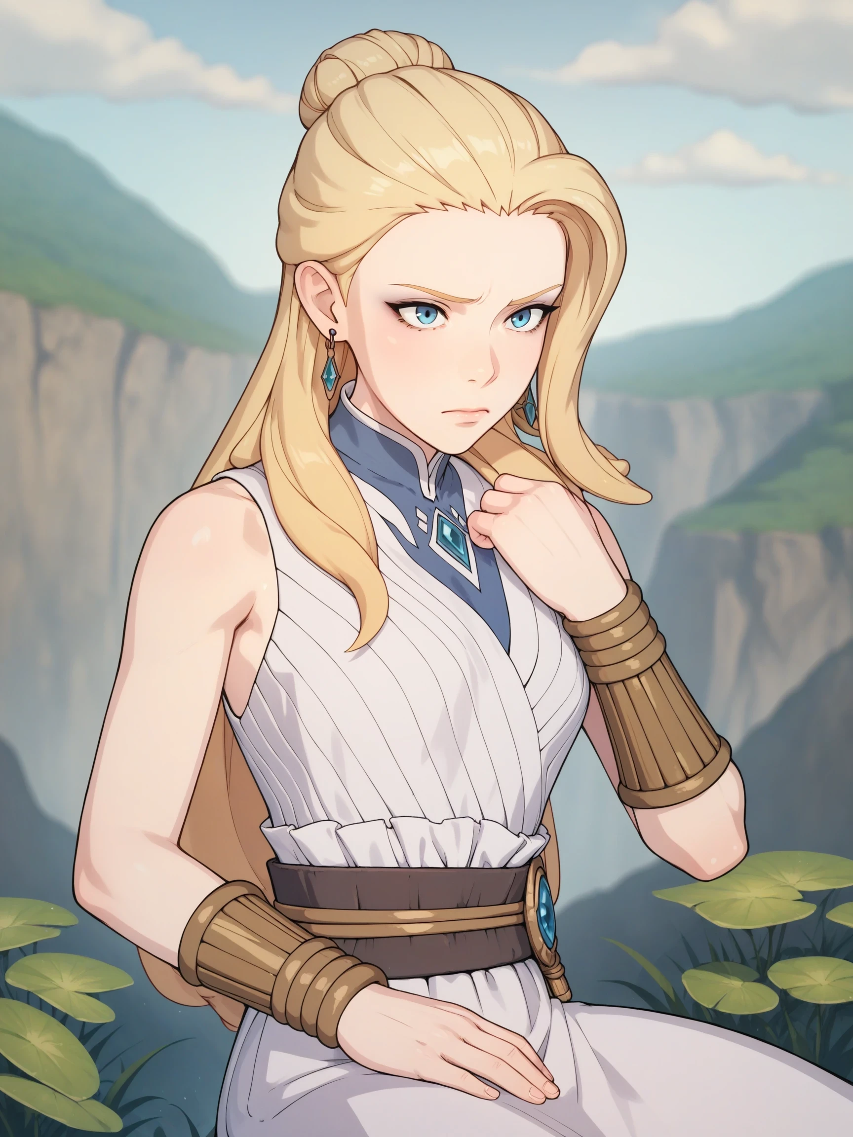 Sitting, determined look, outdoors, detailed background,

score_9, score_8_up, score_7_up, HumanSalem, 1girl, long hair, blonde hair, blue eyes, human, earrings, jewelry,  white dress, sleeveless, bracer