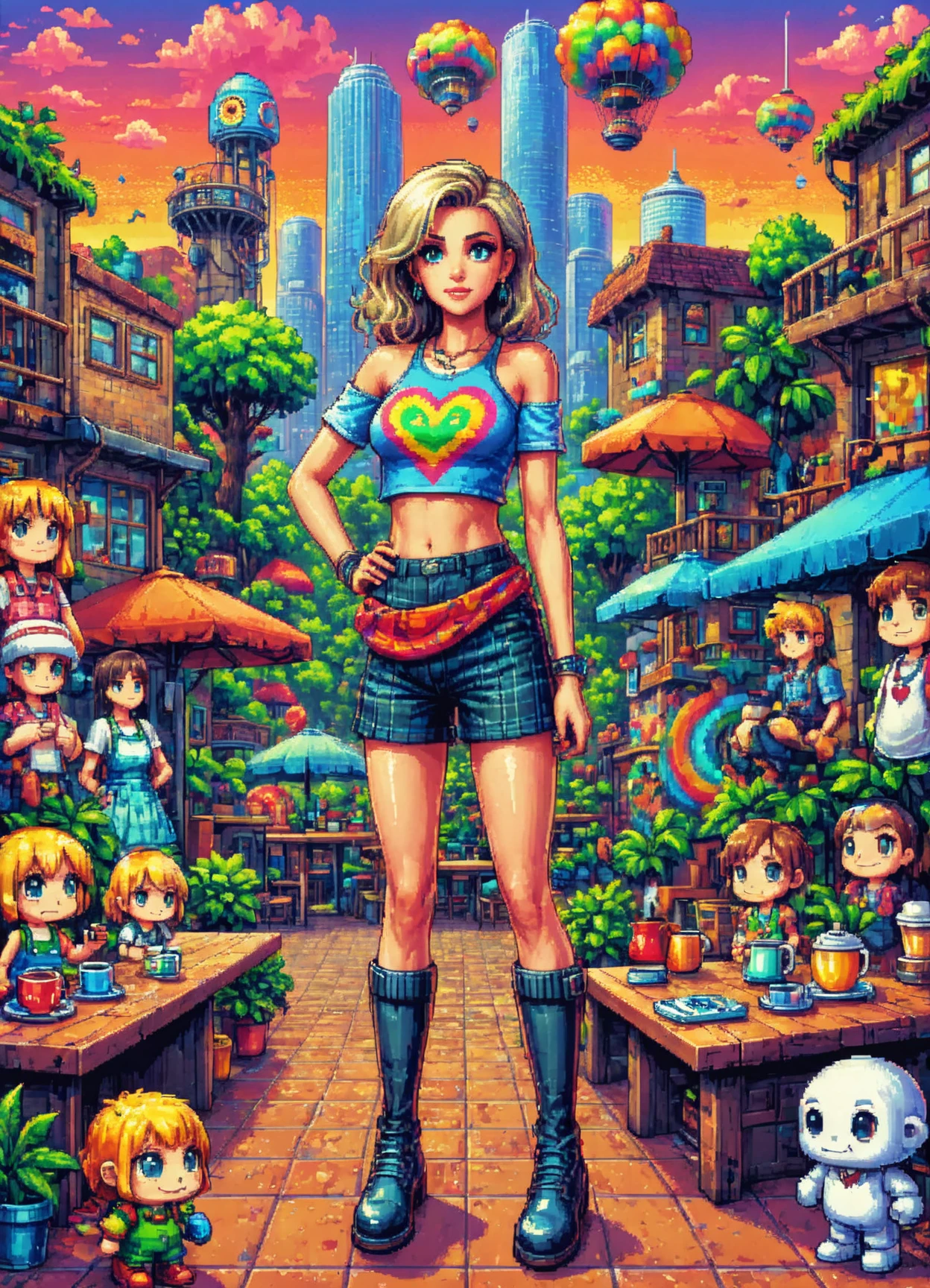 DonMShr00mK1ngd0mXL city, pixelart, female male hundred years old compact, sub-saharan african, gray eyes, receding forehead, heart face shape, slender waist, teeth, golden blonde high and tight hair, disapproval wearing alligator texture PVC Underwear, tweed off-the-shoulder top, chukka boots, ,pendant watch , teasing look, gazing with a playful and teasing expression, igniting curiosity and attraction, lens flares, dreamy flares adding a whimsical and romantic touch to the visuals, a cheerful cafe, with the aroma of freshly brewed coffee and friendly conversation <lora:DonMShr00mK1ngd0mXL:0.8>