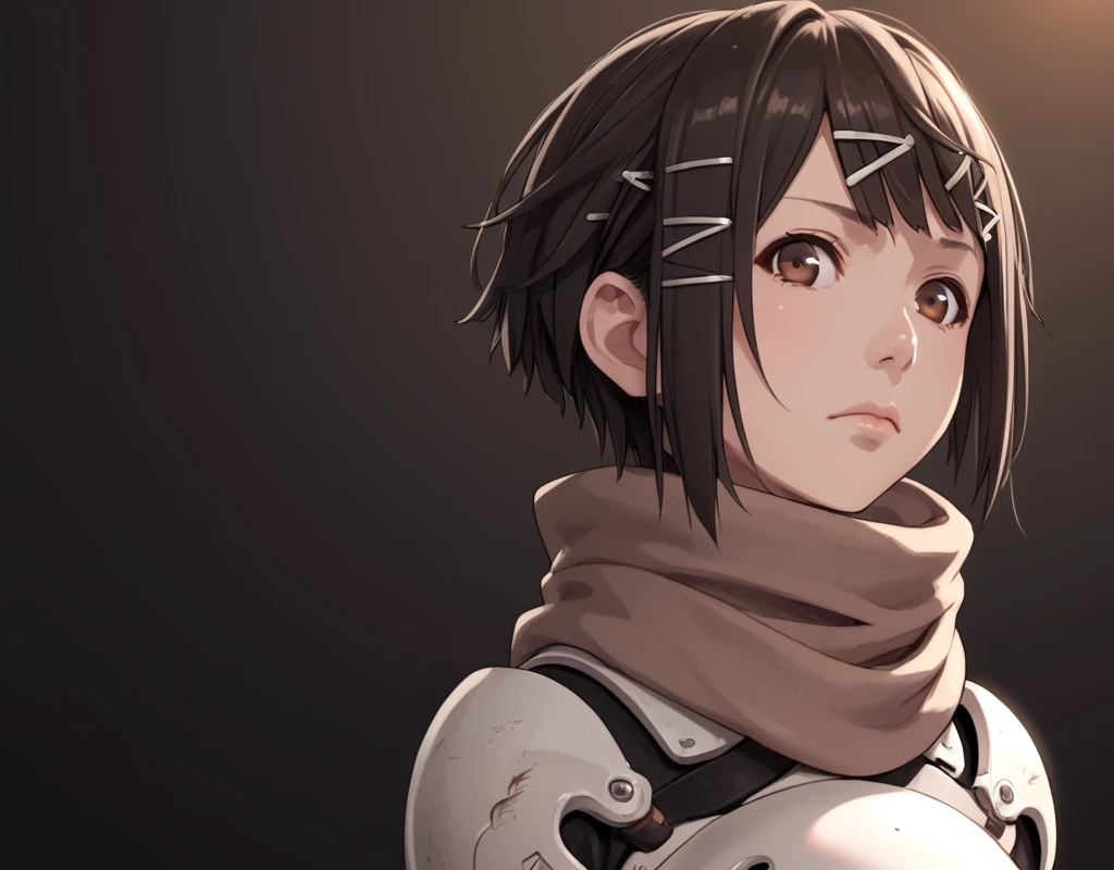 score_9, score_8_up, score_7_up, Zuru, Blame!, 1girl solo, looking at viewer, short hair, brown hair, black hair, hair ornament, closed mouth, brown eyes, upper body, hairclip, scarf, armor, lips, x hair ornament, waist up, unworn helmet, helmet under arm, backlit, nose, anime coloring, <lora:Zuru_Blame:1>