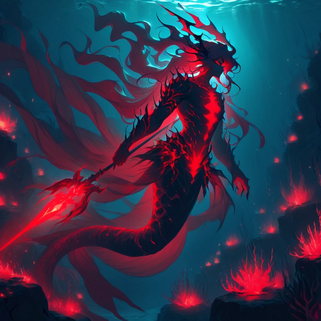 benthic merfolk, 1man, beautiful, red glow, holding a spear, red color theme