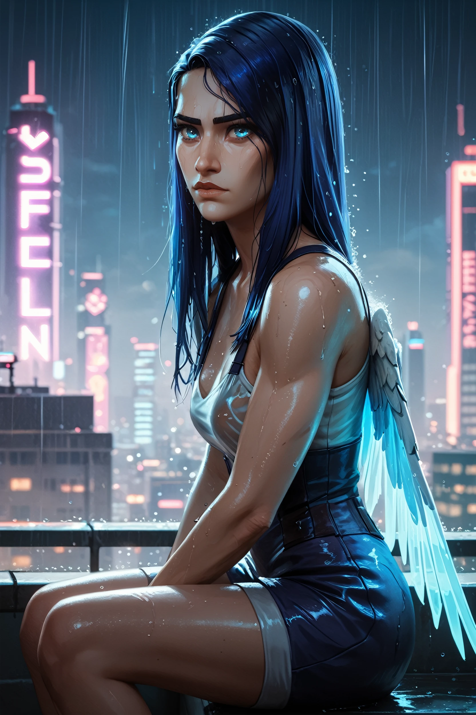 score_9, score_8_up, score_7_up, score_6_up
<lora:ALCaitlyn:1.0>
ALCaitlyn, 1girl, blue hair, long hair, blue eyes, looking at viewer, with glowing white wings, hyperrealistic, dark cyberpunk cityscape, neon lights, sitting on a rooftop, rain, dramatic lighting, detailed, atmospheric, introspective, high contrast, realistic wet textures, water reflections, glistening surfaces, detailed rain effects, wet clothing and hair