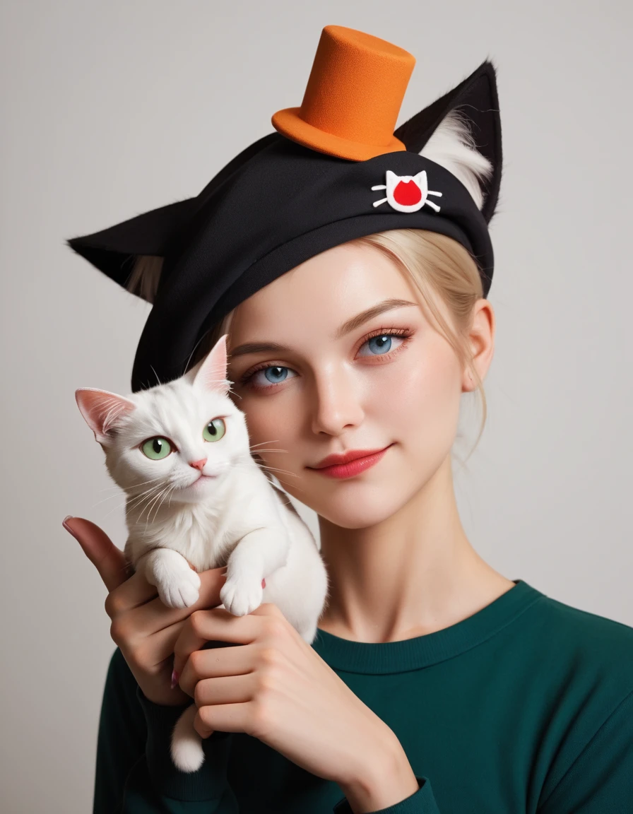 score_9,score_8_up,score_7_up,
young woman,cat shaped hat,holding a cat,cat wears hat,cat eyes are gate to another dimension,swirling colors from eyes,hallucination,lsd trip,