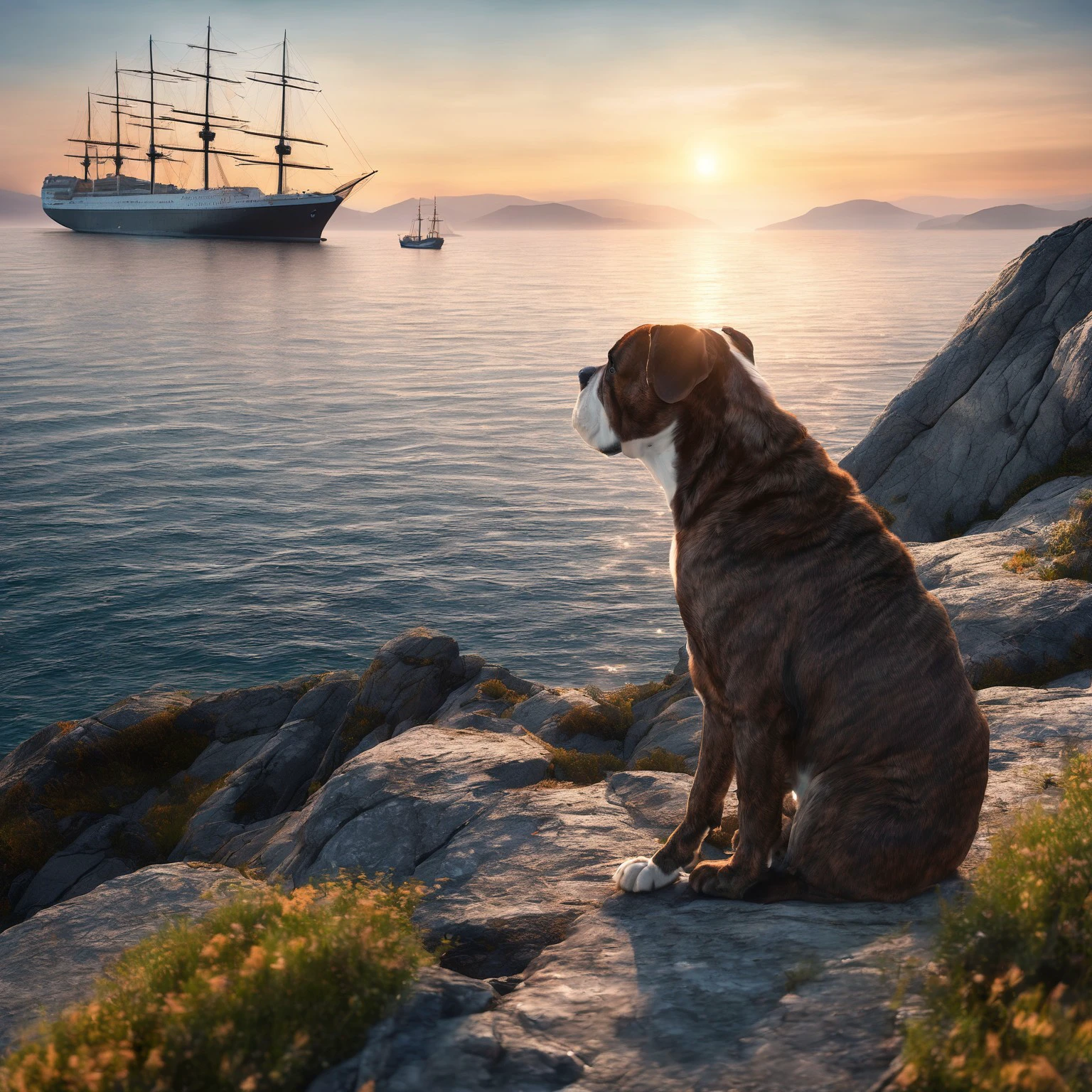 unt0, old dog next to sea, looking to ocean, head turned away from camera, on scandinavian rocky terrain, sunset, large old ship with two masts far in distance, (beautiful lilies growing nearby:0.4), sad but beautiful ambience, romantic, no humans, calm, warm summer evening, strong bokeh, horizon out of focus, soft blurry background, dream-like

advntr, beautiful portrait, perfect focus, intricate details, bokeh, perfect tight composition, depth of field, vignette, dog in focus