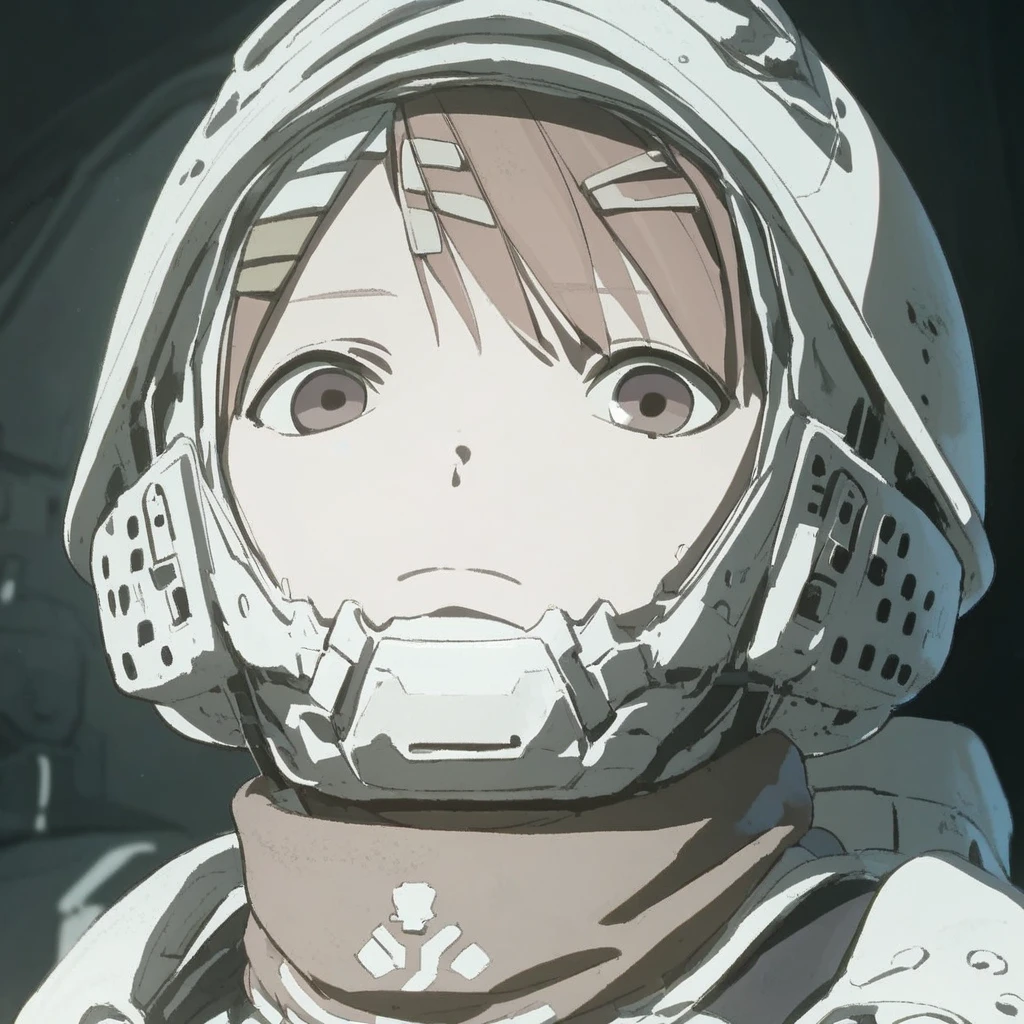 score_9, score_8_up, score_7_up, Tae, Blame!, 1girl, solo, looking at viewer, short hair, brown hair, hair ornament, closed mouth, brown eyes, hairclip, armor, expressionless, helmet, portrait, science fiction, pilot suit, spacesuit, spacecraft interior, anime coloring, general