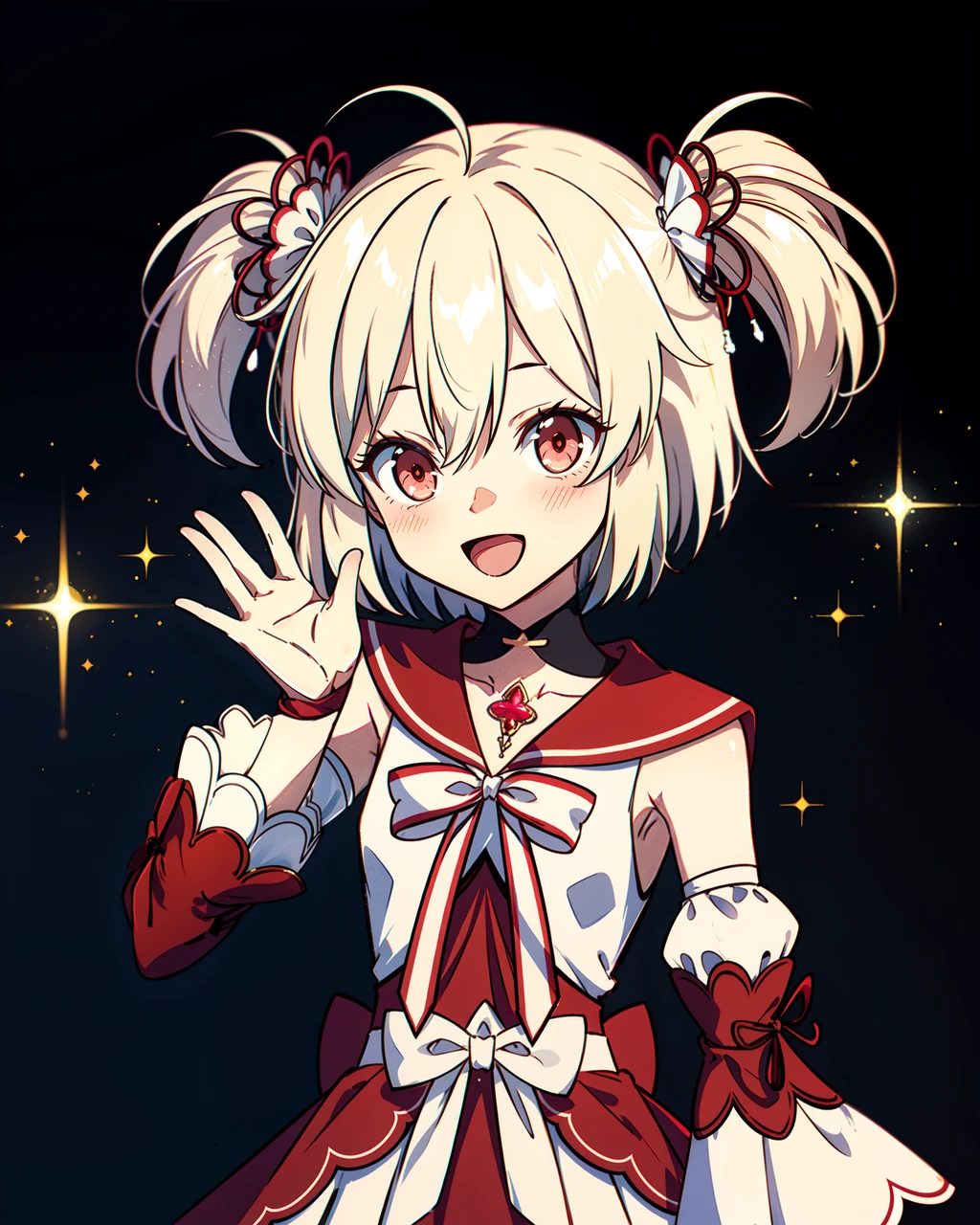 masterpiece, high quality, mgrcayanorika, 1girl, dynamic pose, upper body, medium shot, blonde hair, short twintails, ahoge, red eyes, white with red hairpins, white with red dress, white with red detached sleeves, red and white bowties, red gem on neck, white belt, (waving:0.85), mouth open, (smiling:0.9), abstract background, detailed, sparkles, <lora:mgrcayanorika:0.75>