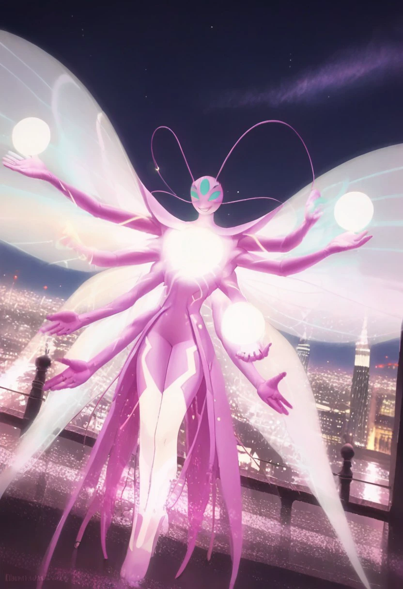 BREAK score_9, score_8_up, score_7_up, source_anime, (seen from afar), 1girl, gimmi_reality, anthro, pink skin, 4 wings, 5 eyes, turquoise eyes, 4 antennas, 6 hands, night, (city ​​in the background),