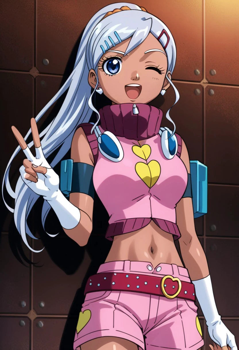 score 9, score 8 up, score 7 up, masterpiece_portrait, high quality, anime coloring, bakugan, julie makimoto, 1girl, gloves, solo, fingerless gloves, blue eyes,one eye closed, V, navel, long hair, shorts, dark-skinned female, midriff, dark skin, hair ornament, hairclip, open mouth, belt