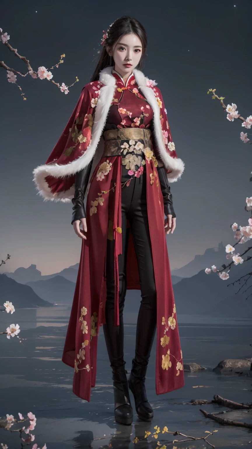 masterpiece,(bestquality),ultra-detailed,(1girl),(solo),full body,chinese wear,kungfu red outfit,fur cape shawl,flower,peach branches,pants,accessories,gloves,night river,sky,<lora:ntmix1:0.7>,<lora:naraka_kungfuoutfit:0.6>,