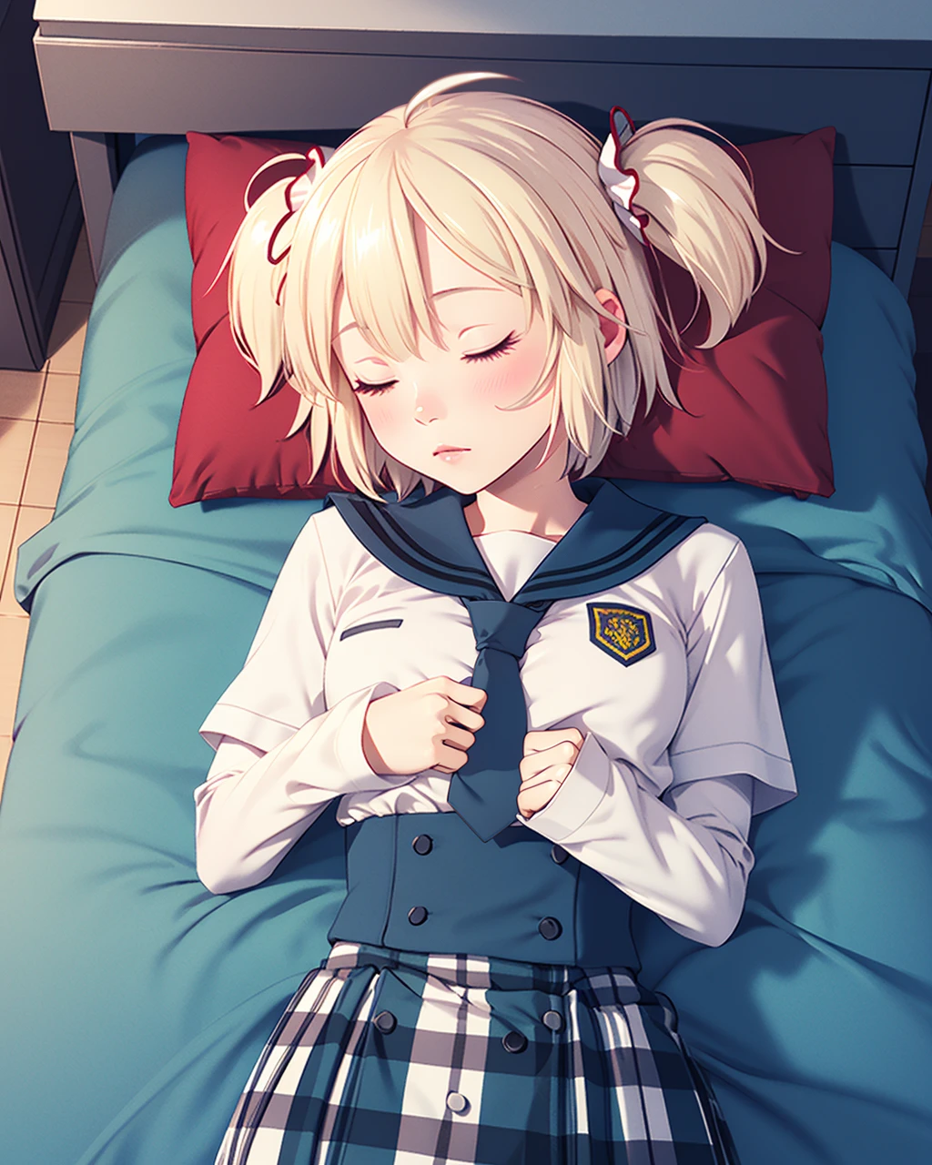 masterpiece, high quality, mgrcayanorika, 1girl, lying, sleeping, view from above, upper body, medium shot, blonde hair, short twintails, ahoge, eyes closed, white with red hairpins, white with blue shirt, long sleeves, blue tie, high blue with white plaid skirt, sleep, night, indoors, bedroom, bed, pillow, <lora:mgrcayanorika:0.85>