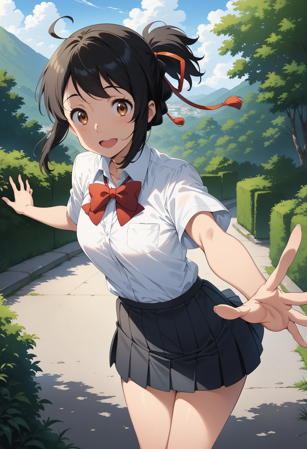 (masterpiece, best quality, very aesthetic, ultra detailed), intricate details, 4k, aamitsuha, black hair, short ponytail, hair ribbon, brown eyes, school uniform, red bowtie, collared shirt, white shirt, short sleeves, pleated skirt, black skirt, <lora:miyamizu_mitsuha_animagine_v1:0.9>, standing, cowboy shot, smile, open mouth, reaching, outdoors