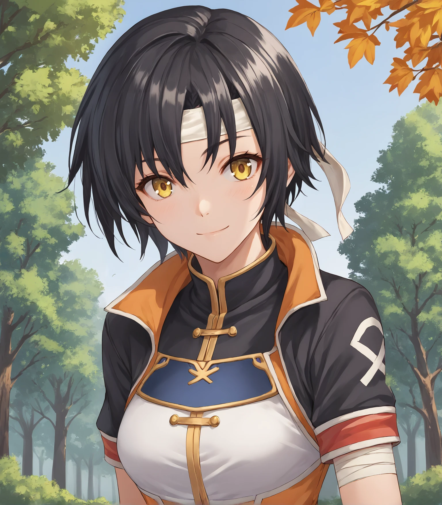 score_9, score_8_up, score_7_up, score_6_up, score_5_up, score_4_up, BREAK source_anime,
1girl, solo,  upper body, portrait ,  looking at viewer, smile, outdoors, sky, trees,
<lora:LDART_style_pony_v3:0.8>,  
 <lora:Lynn:0.9>, Lynn, black hair, short hair, yellow eyes, medium breasts,white headband, jacket, orange shorts, black sleeves, short sleeves, black socks, sneakers, gloves, arm bandages,