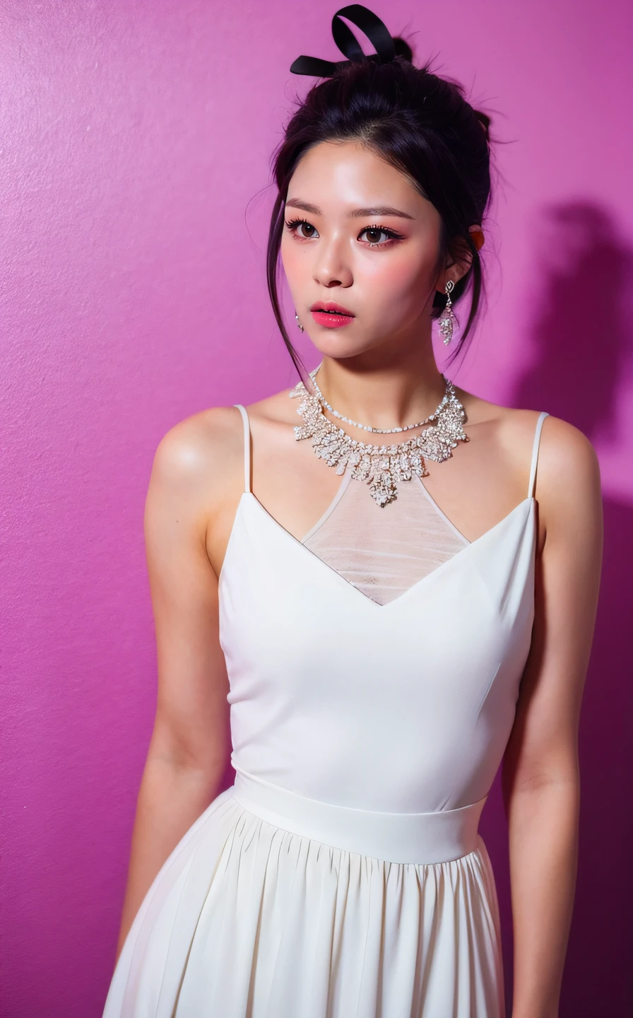 <lora:Jeongyeon_V1:1> Je0ng,, , (realistic), (hyperrealism), (photorealistic:1.4), 1girl, black hair, dress, hair ornament, lips, looking at viewer, makeup, pink background, realistic, ribbon, sleeveless, solo, standing, white dress