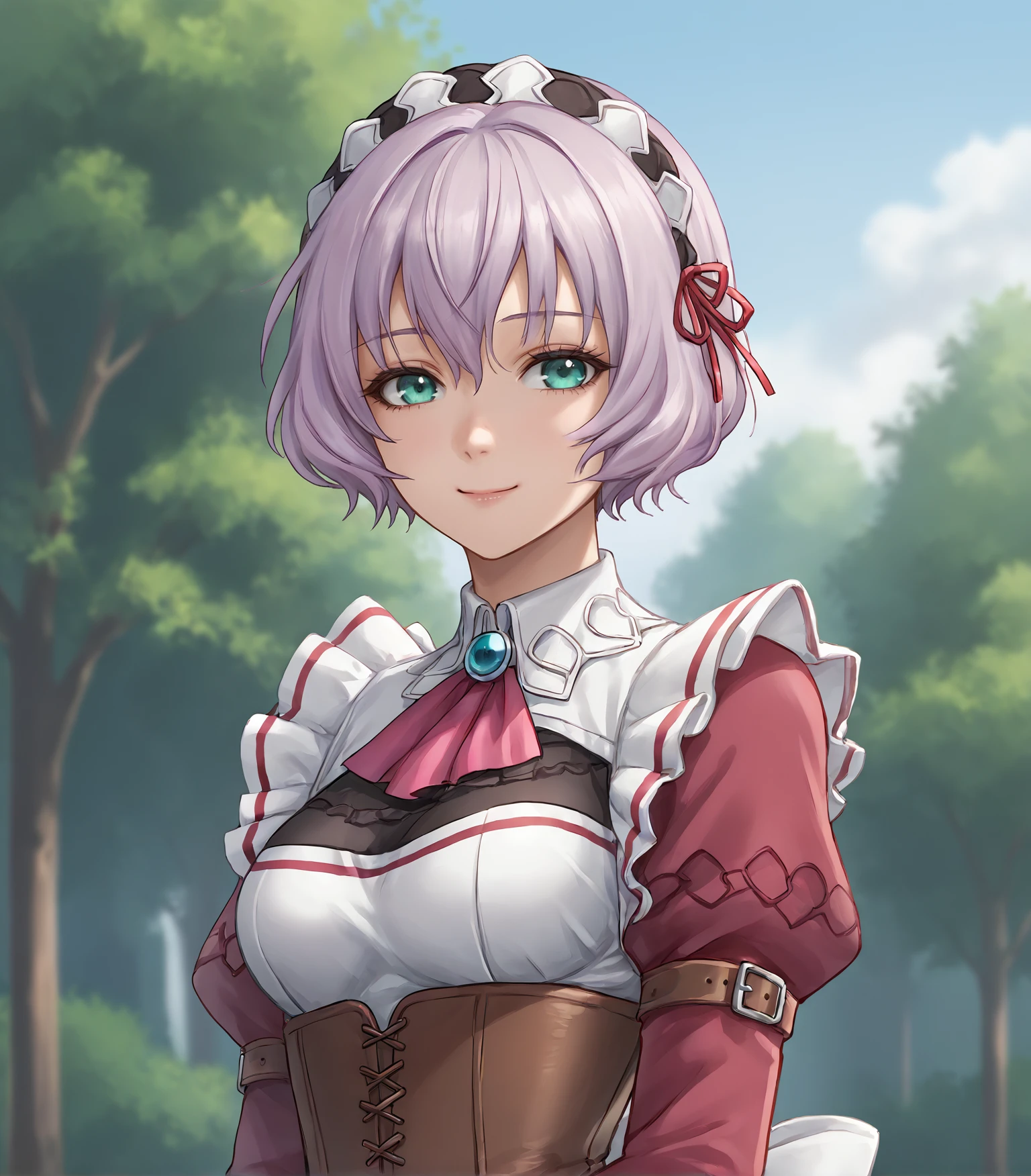 score_9, score_8_up, score_7_up, score_6_up, score_5_up, score_4_up, BREAK source_anime,
1girl, solo,  upper body, portrait ,  looking at viewer, smile, outdoors, sky, trees,
<lora:Racoonkun_Artist_Style:0.6>, racoonsan 
 <lora:SharonKreugerMaid:0.9>, Sharon Kreuger, lavender hair, short hair, aqua eyes, medium breasts, maid headdress, maid, red maid outfit, long skirt, frills, brown boots,