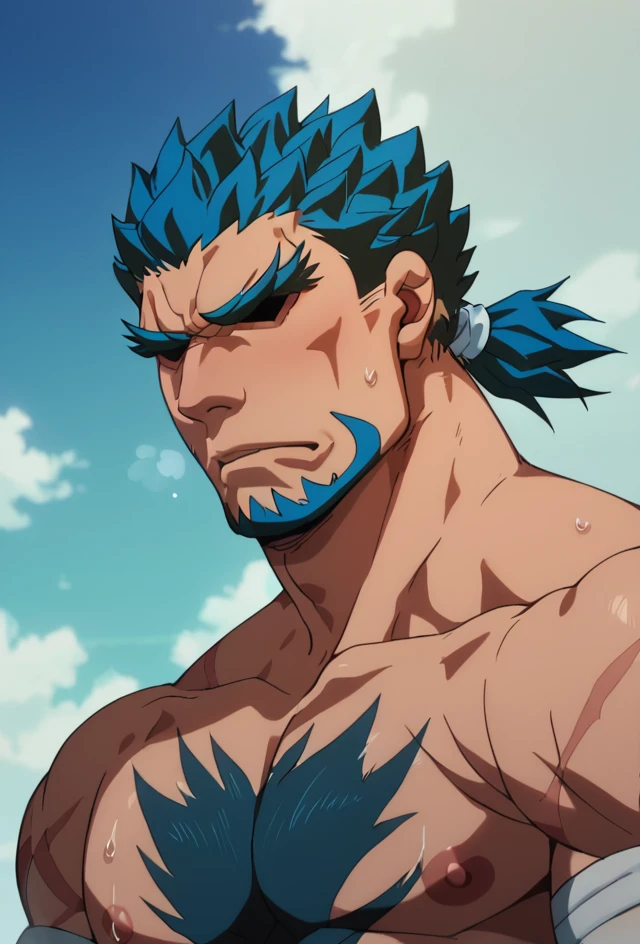 score_9, score_8_up, score_7_up, score_6_up, sperfect anatomy, perfect proportions, best quality, masterpiece, high-resolution, high quality, aesthetic, absurdres, (male focus), solo male, source_anime \(Bucchigiri\), anime coloring, Kenichiro Doman \(Bucchigiri\), hidden eyes, eyes in shadow, eyes hidden by shadows, dark blue hair, ponytail, sideburns, facial hair, goatee, chest hair, scars, scar on arm, Kenichiro outfit \(Bucchigiri\), Choran\(long school uniform\), Choran jacket\(long school uniform\), black jacket, sleeveless jacket, ripped sleeveless jacket, open jacket, torn clothes, bare shoulders, bare chest, bare abdomen, blue armband, Minato Kai armband \(Bucchigiri\), white wrist bandage, black pants, barefoot, adult, mature, masculine, manly, handsome, charming, alluring, upper body, dutch angle, cowboy shot<lora:EMS-438326-EMS:0.800000>