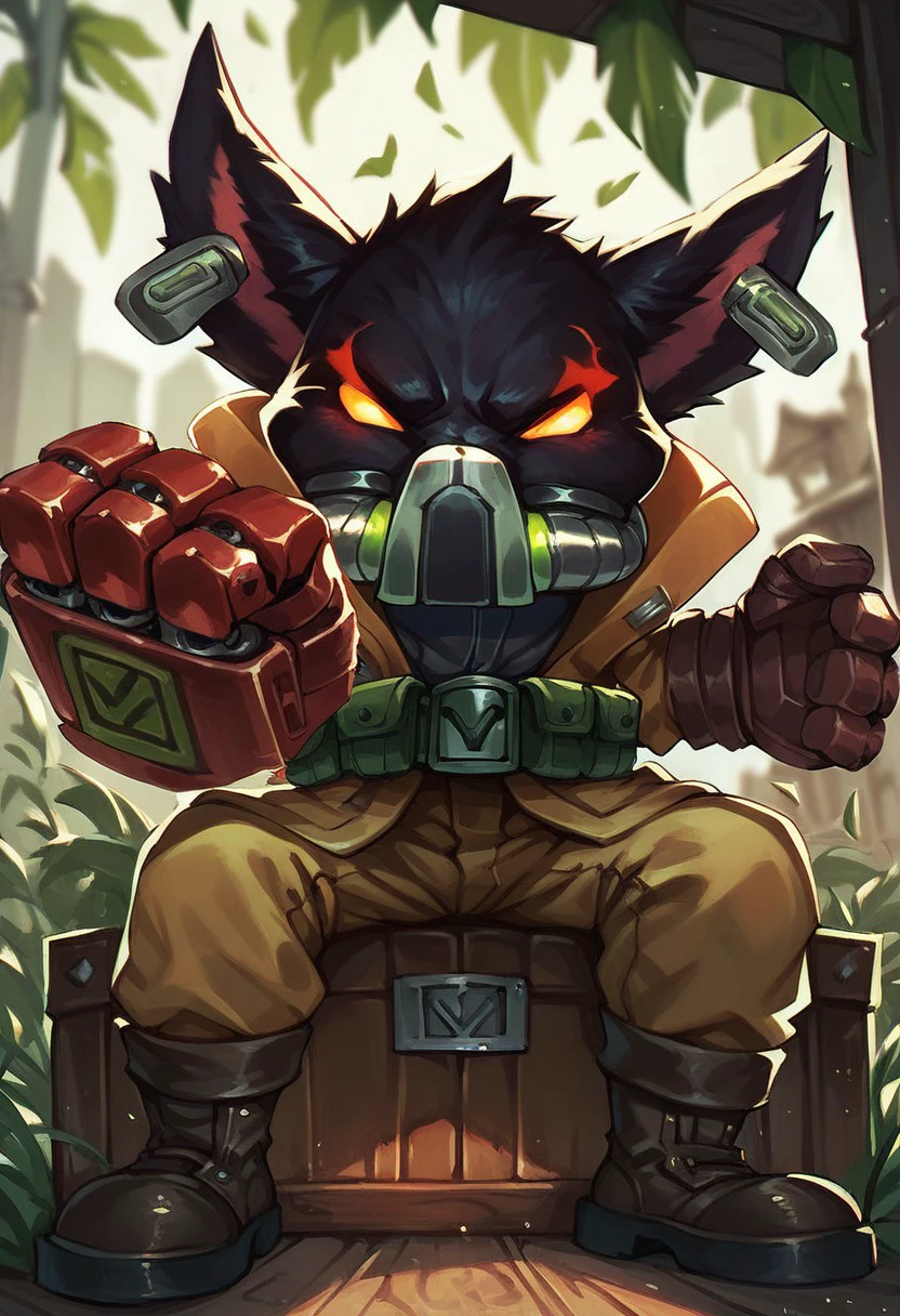 score_9, score_8_up, score_7_up, ultra quality, 1boy, yordle, shortstack, veigarxl, omegav, gas mask, military coat, belt, poach, black fur, glowing eyes, sitting, on crate, green lush background, angry, boots, red hand, prosthetic hand