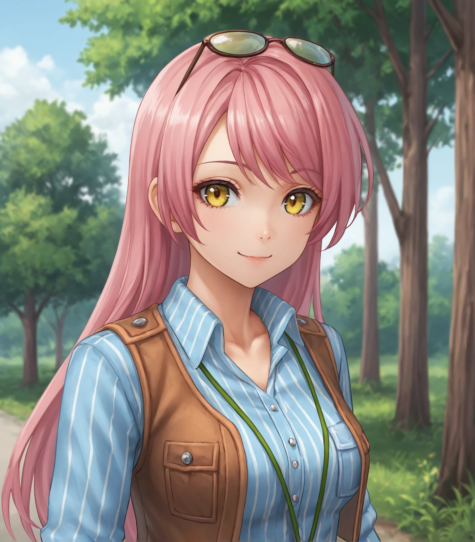 score_9, score_8_up, score_7_up, score_6_up, score_5_up, score_4_up, BREAK source_anime,
1girl, solo,  <lora:Vivi:0.9>, Vivi, pink hair, long hair, yellow eyes, medium breasts, eyewear on head, striped shirt, vest, jeans, pants, brown boots,, 
upper body, portrait looking at viewer, smile, outdoors, sky, trees,
<lora:Racoonkun_Artist_Style:0.6>, racoonsan,,