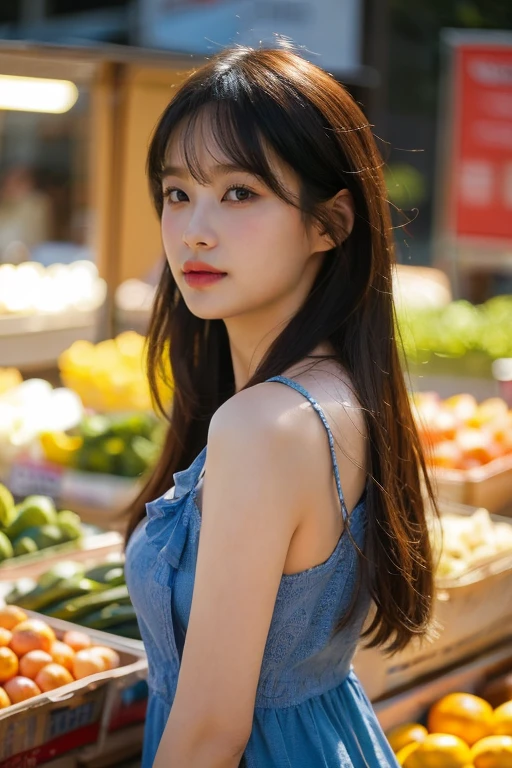 masterpiece, best quality, ultra-detailed, ultra high res, (photorealistic:1.4), raw photo, (realistic:0.2), 8k HDR, realistic lighting, looking at viewer, 1girl, solo, asymmetrical hair, outdoor, sky, (traditional market:1.2), bokeh, (detailed lips), (detailed pores), (detailed skin textures), (detailed face:1.2), (body:1.2), a woman in a sundress, cowboy shot,