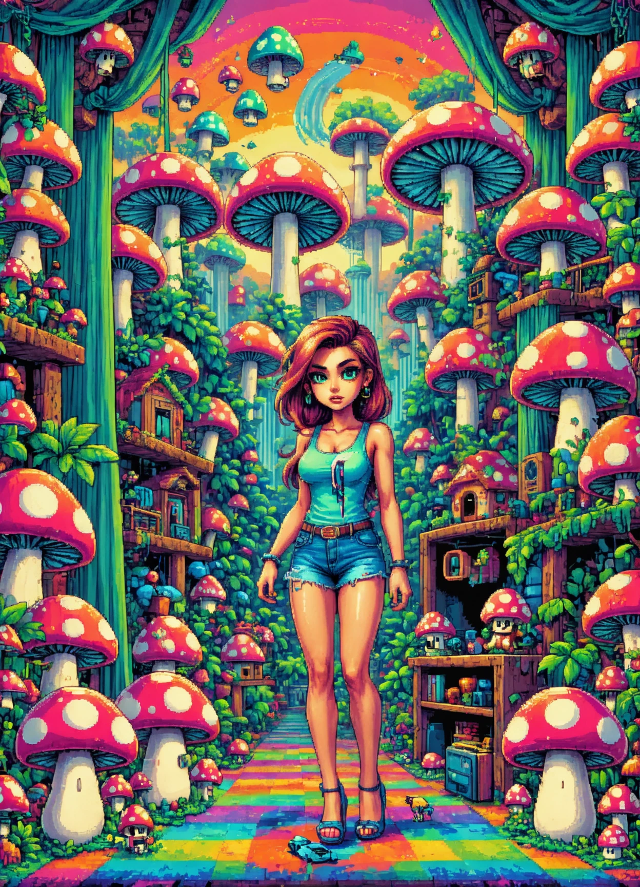 DonMShr00mK1ngd0mXL mushroom city, pixelart, female legal age, ripped, indigenous australian, emerald eyes, cupped ears, receding chin, curved forehead, , light auburn beehive hairstyle hair, excitement wearing chambray cotton thong, peek-a-boo bra, kitten heels, hijab, , peeking from behind a curtain, peering from behind a curtain with a teasing look, creating a sense of mystery and allure, warm lighting, soft golden or amber hues creating a cozy and inviting atmosphere, a cozy living room with a crackling fireplace and comfortable seating, game/entertainment room, table, turned taquete tapestry, fluorescent tubes, under-cabinet lighting <lora:DonMShr00mK1ngd0mXL:0.8>