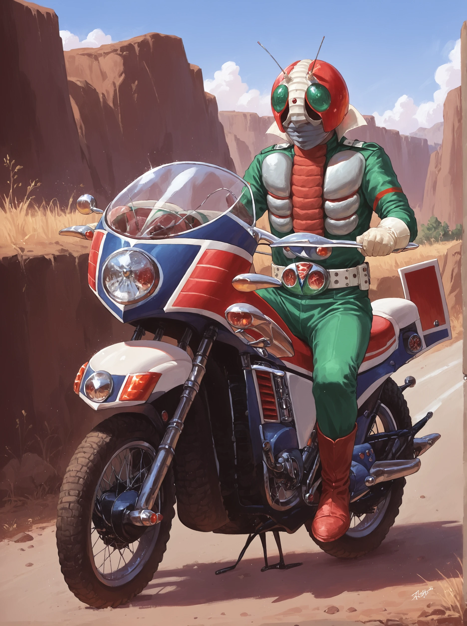 score_9, score_8_up, score_7_up, masterpiece, source_realistic, kamen rider, 1boy, solo, male focus, antennae, green bodysuit, helmet, belt, belt logo, gloves, boots, motorcycle, ground vehicle, motor vehicle,  outdoor, <lora:sn0wStyle:1> <lora:HKHorrorXL:1> , rocky road, pov, driving fast<lora:Kamen_Rider_V3_1973_r1:1>