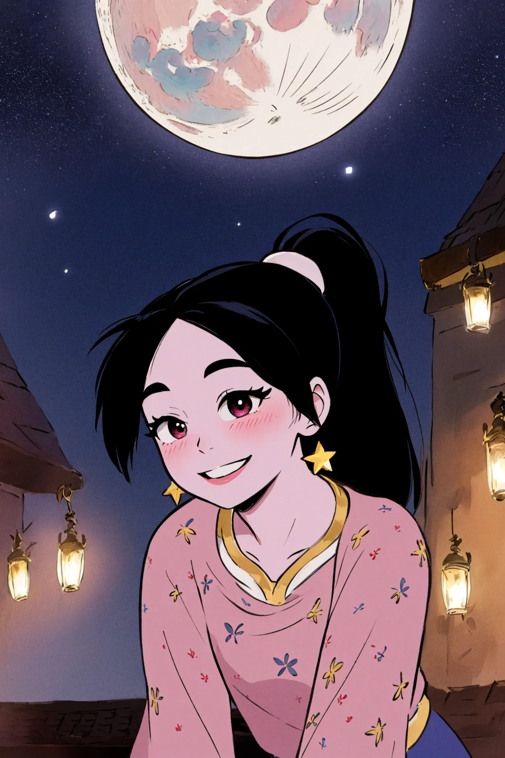 masterpiece, ultra-detailed, best quality, illustration, 8k cg wallpaper, an extremely delicate and beautiful, 1girl, Princess Jasmine /(Aladdin/), solo, perfect anatomy, cute face, smiling, blushing, shining eyes, deep brown eyes, beautiful detailed eyes, black hair, long hair, ponytail, cute hairband, cute earrings, cute necklace, dark skin, perfect arms, perfect legs, cute, pretty, beautiful, sexy, perfect body, (background: Arabian city, Arabian buildings, night sky, moon, stars, intricately detailed items in background), <lora:TPK:1>