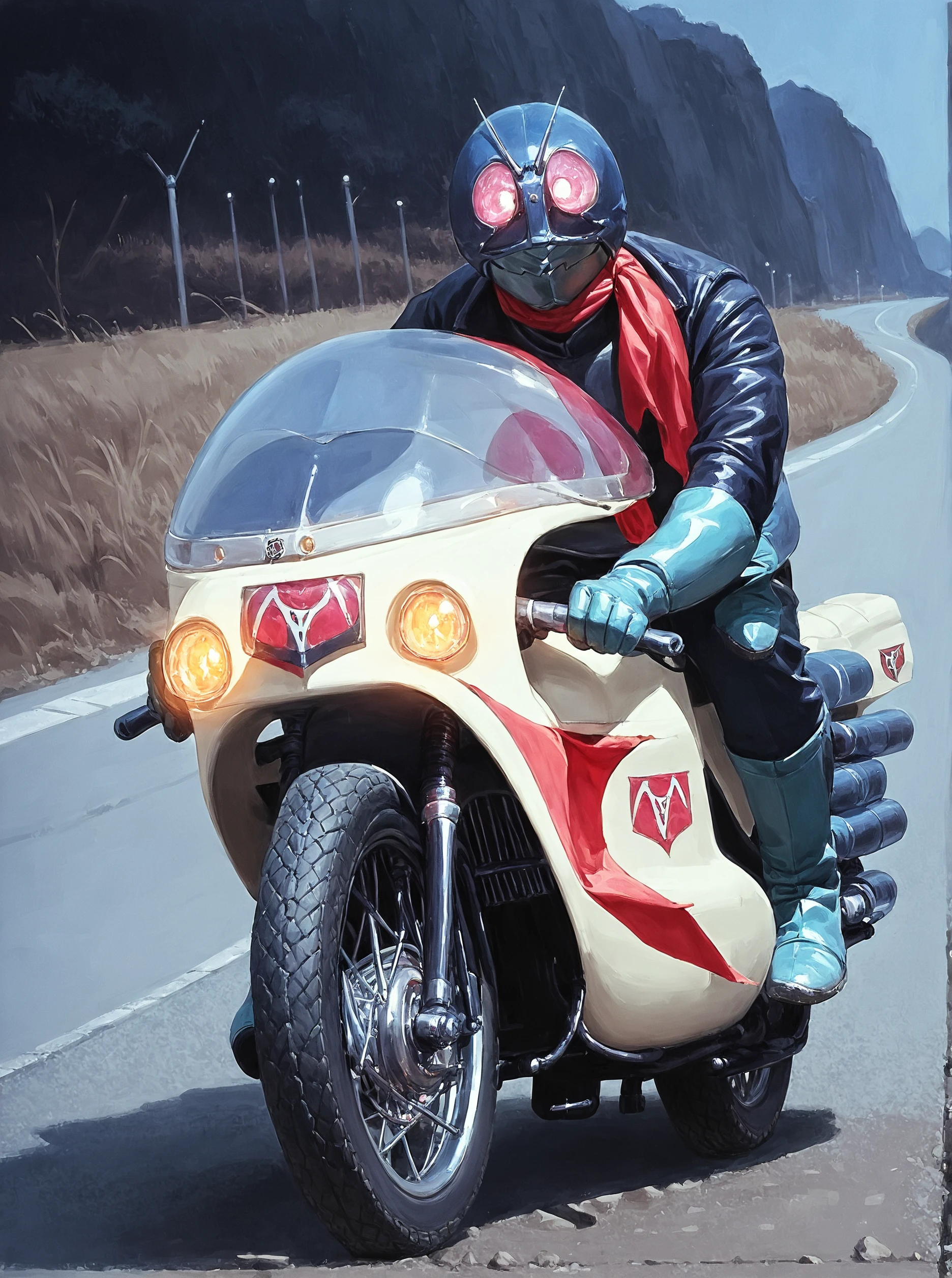 score_9, score_8_up, score_7_up, masterpiece,  source_realistic, kamen rider, ground vehicle, motor vehicle, big motorcycle, 1boy, male focus, solo, jacket, road, bald, red scarf, full body, <lora:Kamen_Rider_Ichigo:1> bridge, japan, outdoor, <lora:sn0wStyle:1> <lora:HKHorrorXL:1>  black logo, night, night time, dark, glowing eyes,