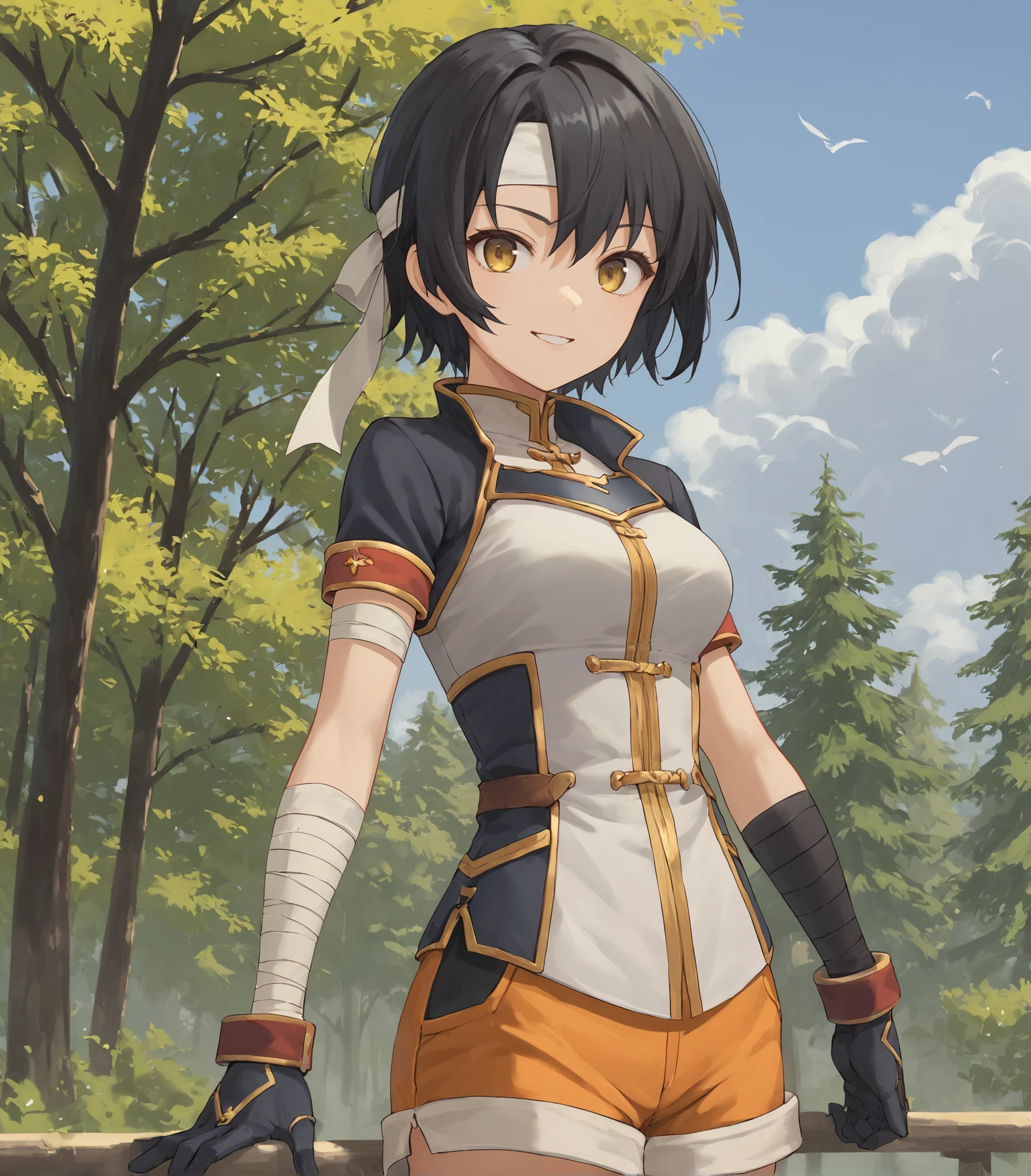 score_9, score_8_up, score_7_up, score_6_up, score_5_up, score_4_up, BREAK source_anime,
1girl, solo,  cowboy shot ,  looking at viewer, smile, outdoors, sky, trees,
 <lora:Lynn:0.9>, Lynn, black hair, short hair, yellow eyes, medium breasts,white headband, jacket, orange shorts, black sleeves, short sleeves, black socks, sneakers, gloves, arm bandages,