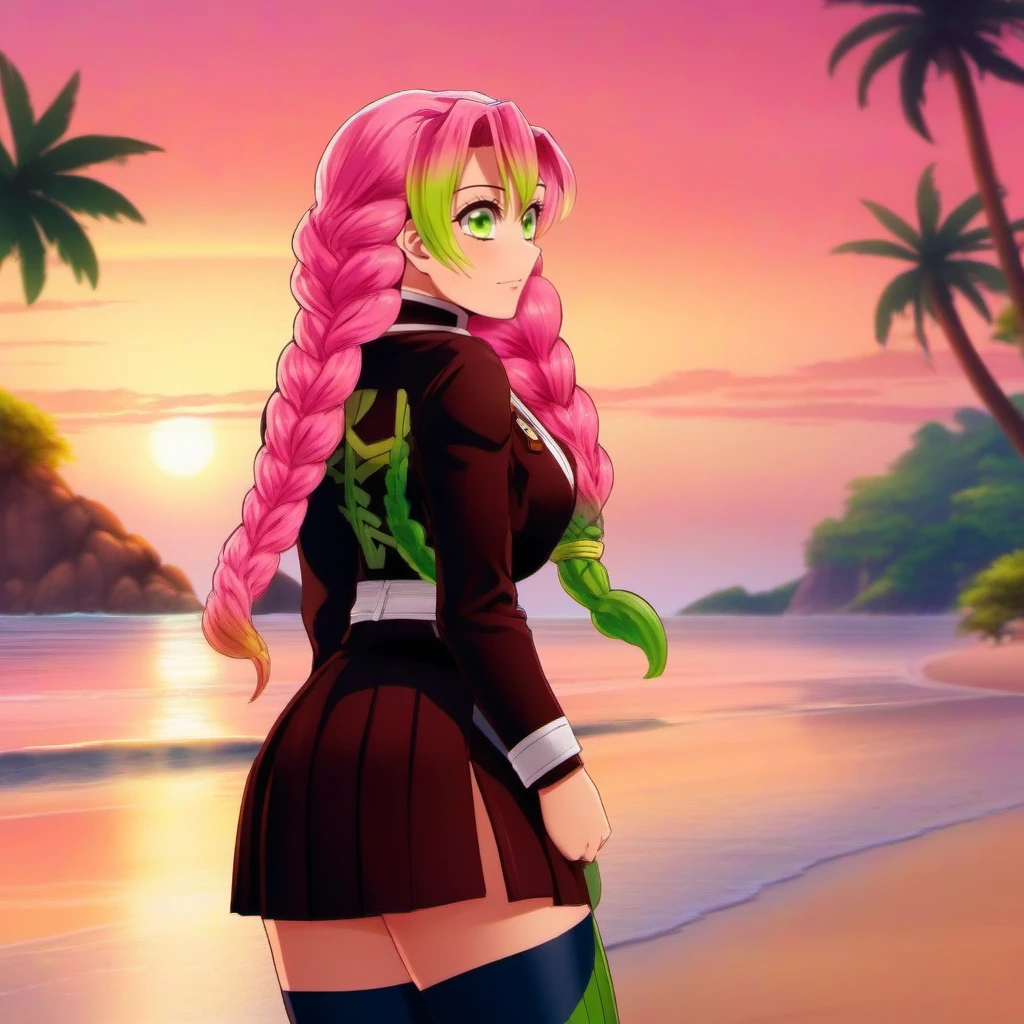 anime artwork sideview of 1girl,  ass, black demon slayer uniform, green thighhighs,green eyes, breasts, cleavage, multicolored pink long hair, mole, on a beach, sunset <lora:MitsuriKanroji1024:0.8> . anime style, key visual, vibrant, studio anime,  highly detailed