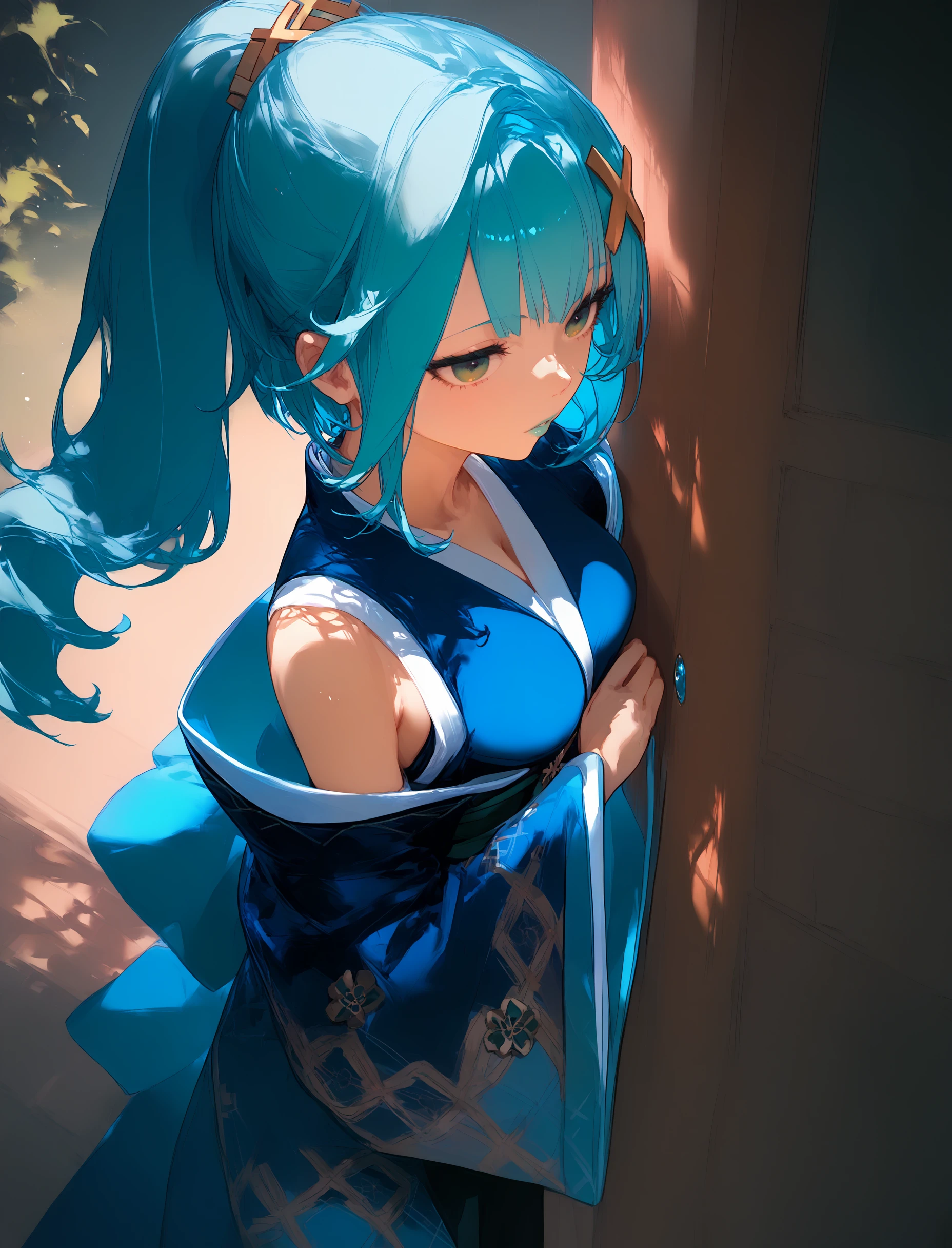 score_9, score_8_up, score_7_up, source_anime, <lora:wrenchGIFruzanCafe-000009:1>, wrnchgifrzncafe, long hair, green eyes, x hair ornament, aqua hair, ponytail, 
kimono, aqua lipstick, parted lips, high-angle view, breasts,