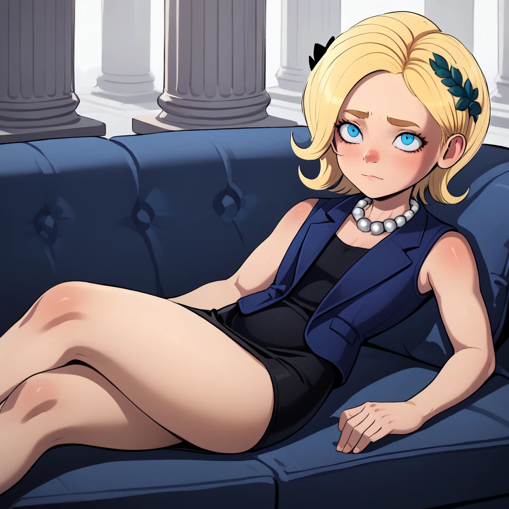 score_9_up, BREAK, Hilloli Clinton , 1girl, solo, blonde hair, short hair, pearl necklace, blue vest, black dress, short dress,  sleeveless, <lora:Hilloli_Clinton_PXL_Leaf2:1>,  laying on greek couch, white pillar, laurel crown,  <lora:LaurelCrown_PXL_Leaf:1>