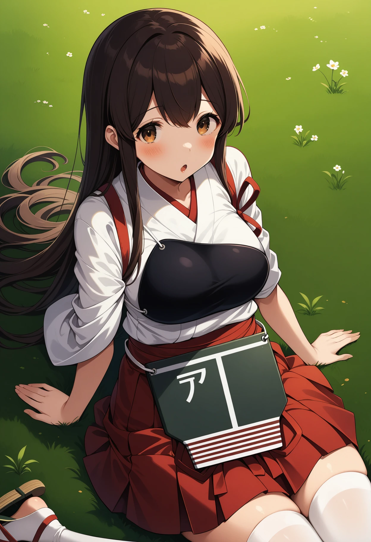 (masterpiece, best quality, very aesthetic, ultra detailed), intricate details, 4k, aaakagi, long hair, brown hair, brown eyes, japanese clothes, muneate, tasuki, hakama skirt, red hakama, white thighhighs, <lora:akagi_(kancolle)_animagine_v1:0.9>, field, grass, on floor, sitting, wariza, :o, sandals,